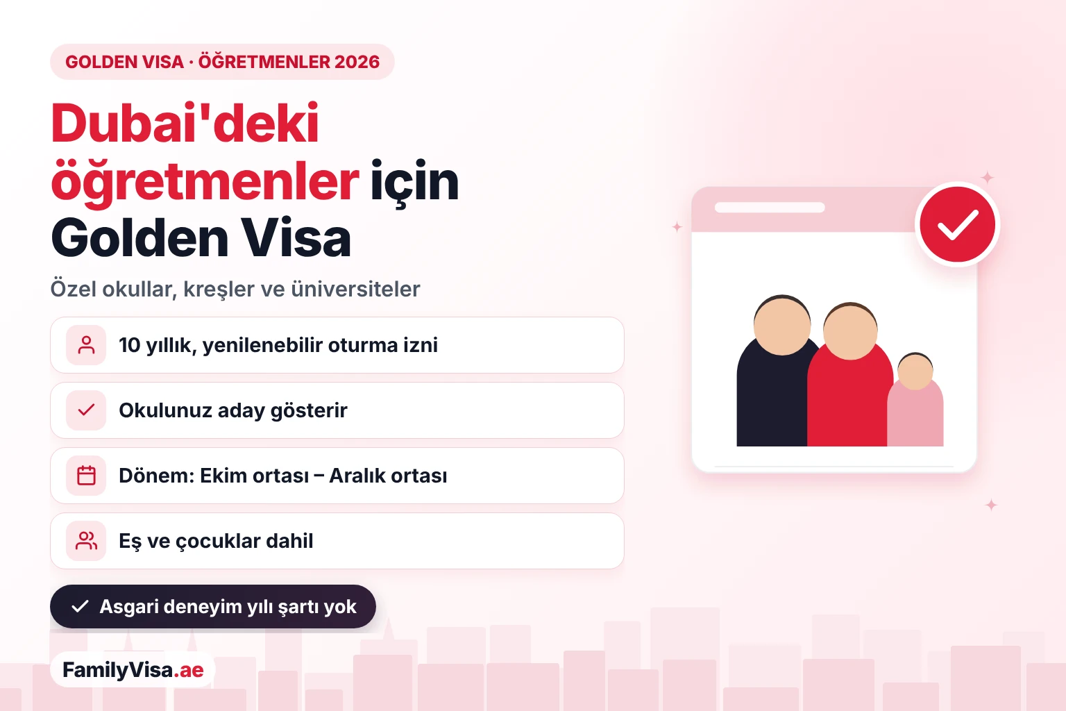 Dubai'de öğretmenler için Golden Visa Dubai'de öğretmenler için Golden Visa: özel okullar, kreşler ve üniversitelerdeki başarılı eğitimcilere, Ekim ortası ile Aralık ortası arasında okulları tarafından aday gösterildiklerinde eş ve çocuklarıyla birlikte verilen 10 yıllık, yenilenebilir oturma izni