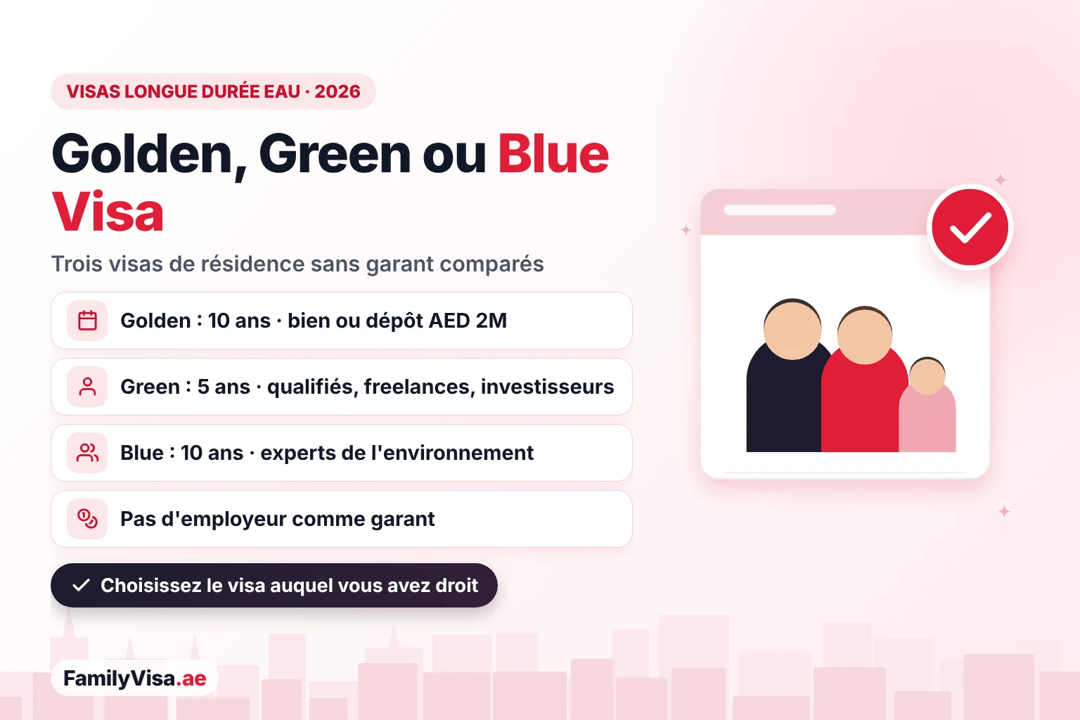 Golden Visa, Green Visa ou Blue Visa aux EAU comparés : le Golden Visa de 10 ans pour les propriétaires, investisseurs et talents, le Green Visa de 5 ans pour les salariés qualifiés, freelances et investisseurs, et le Blue Visa de 10 ans pour les experts de l'environnement