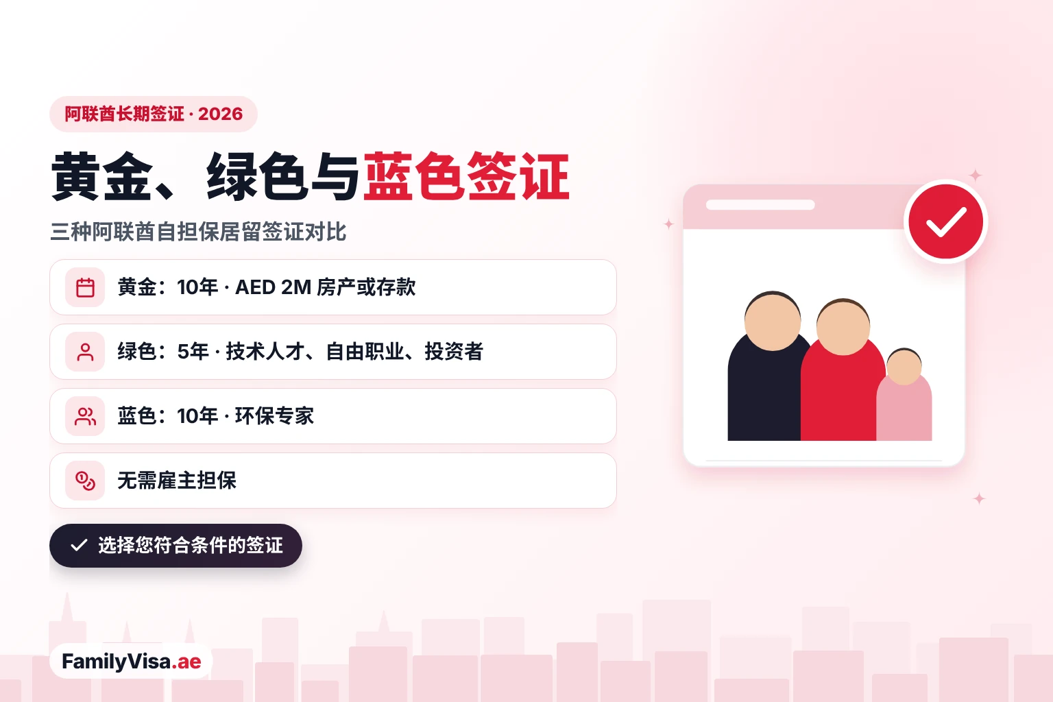 阿联酋黄金签证、绿色签证与蓝色签证对比:面向房产业主、投资者和人才的10年黄金签证,面向技术型员工、自由职业者和投资者的5年绿色签证,以及面向环保专家的10年蓝色签证