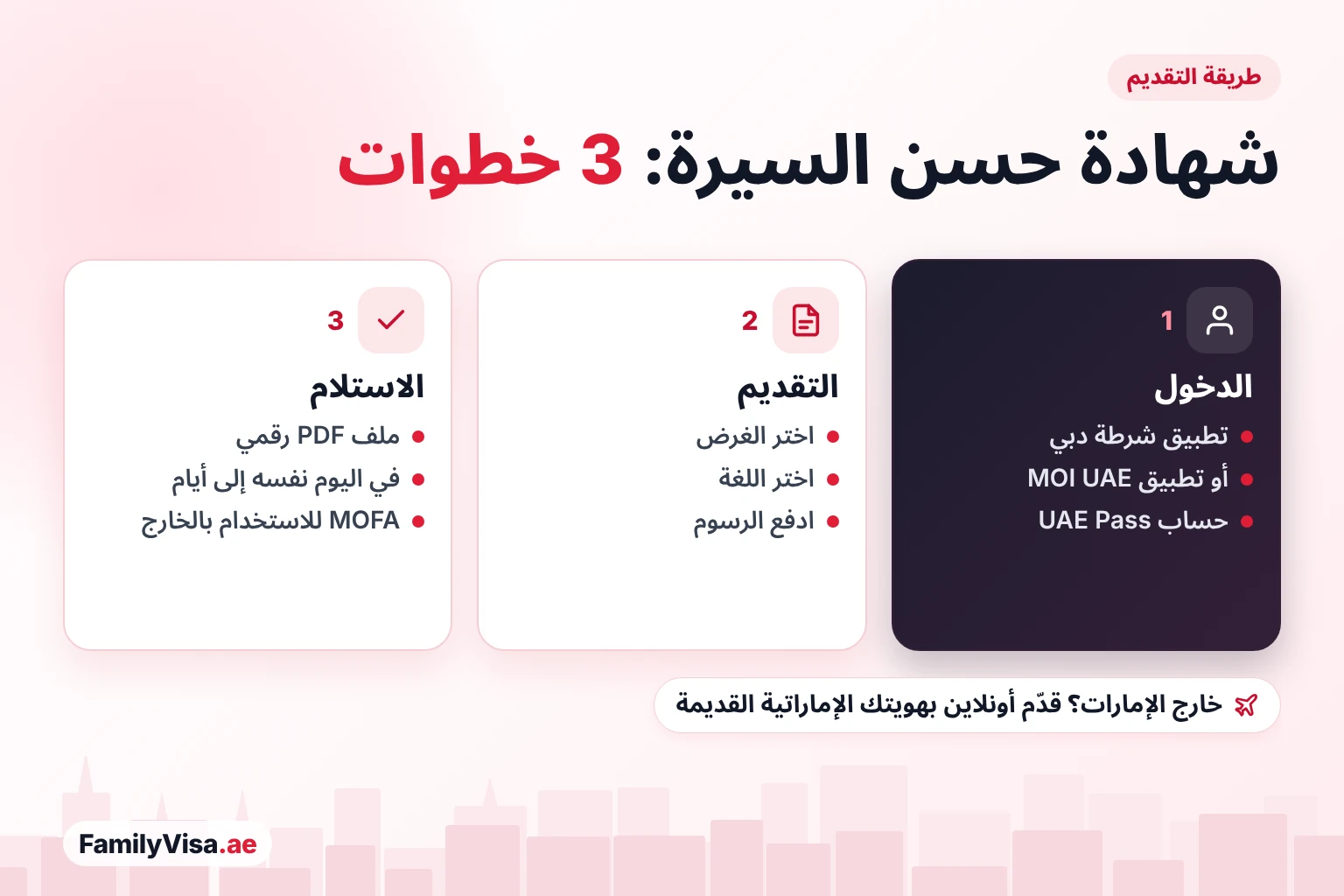 طريقة استخراج شهادة حسن سيرة وسلوك في دبي طلب شهادة حسن السيرة والسلوك في ثلاث خطوات: سجّل الدخول إلى تطبيق شرطة دبي أو MOI UAE عبر UAE Pass، واختر الغرض واللغة وادفع، ثم استلم الشهادة الرقمية وصدّقها من وزارة الخارجية MOFA إذا كانت للاستخدام في الخارج