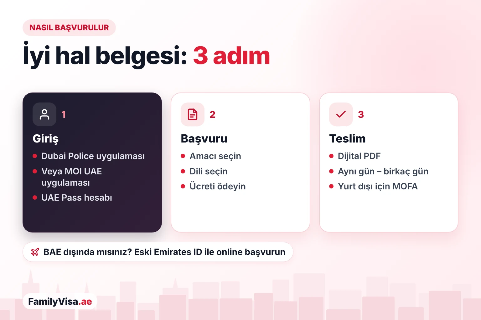 Dubai'de iyi hal belgesi nasıl alınır Üç adımda iyi hal belgesi başvurusu: UAE Pass ile Dubai Police veya MOI UAE uygulamasına giriş yapın, amacı ve dili seçip ödeyin, ardından dijital belgeyi alın ve yurt dışında kullanılacaksa MOFA tasdiki yaptırın