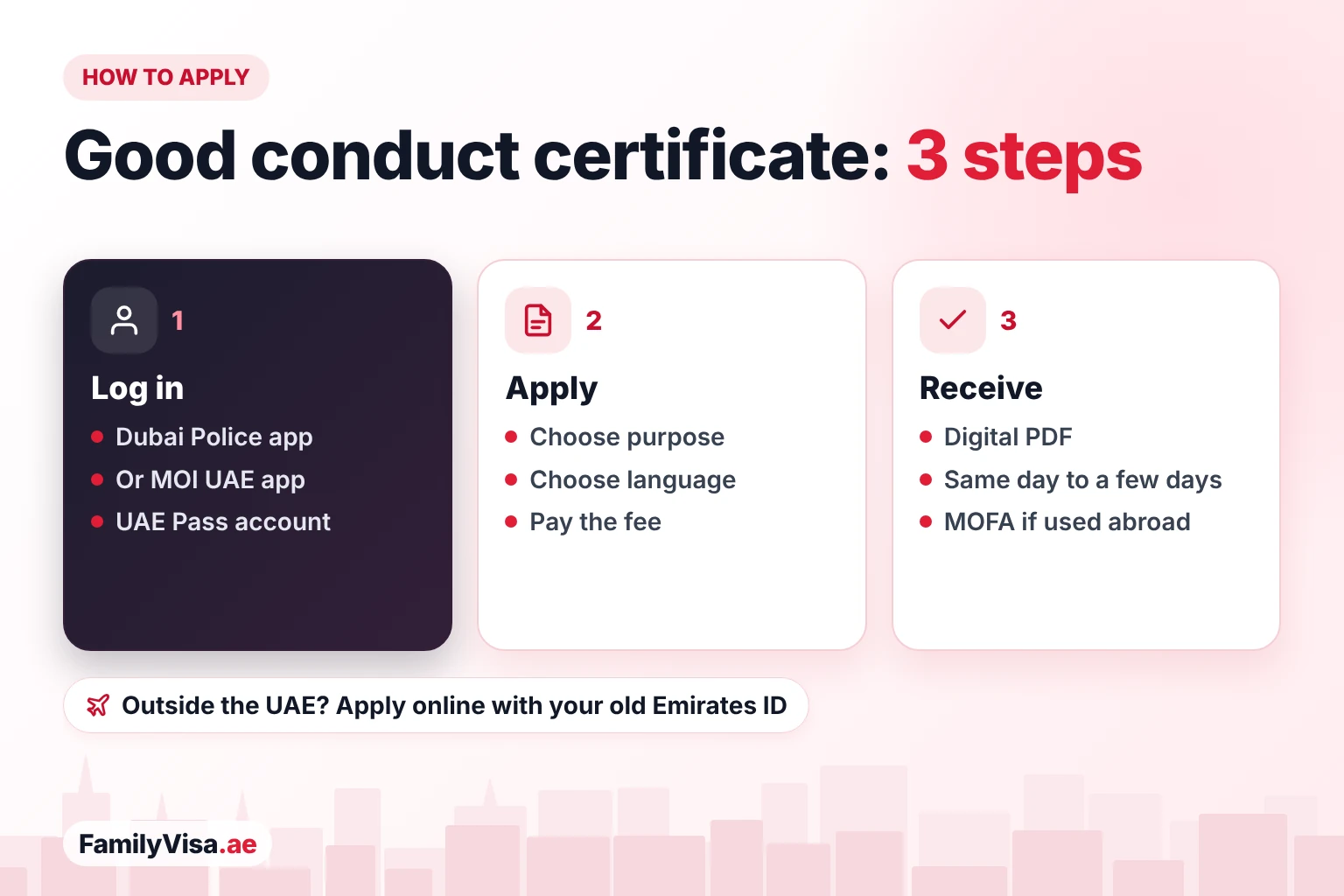 How to get a good conduct certificate in Dubai Good conduct certificate application in three steps: log in to the Dubai Police or MOI UAE app with UAE Pass, choose the purpose and language and pay, then receive the digital certificate and get MOFA attestation if it is used abroad