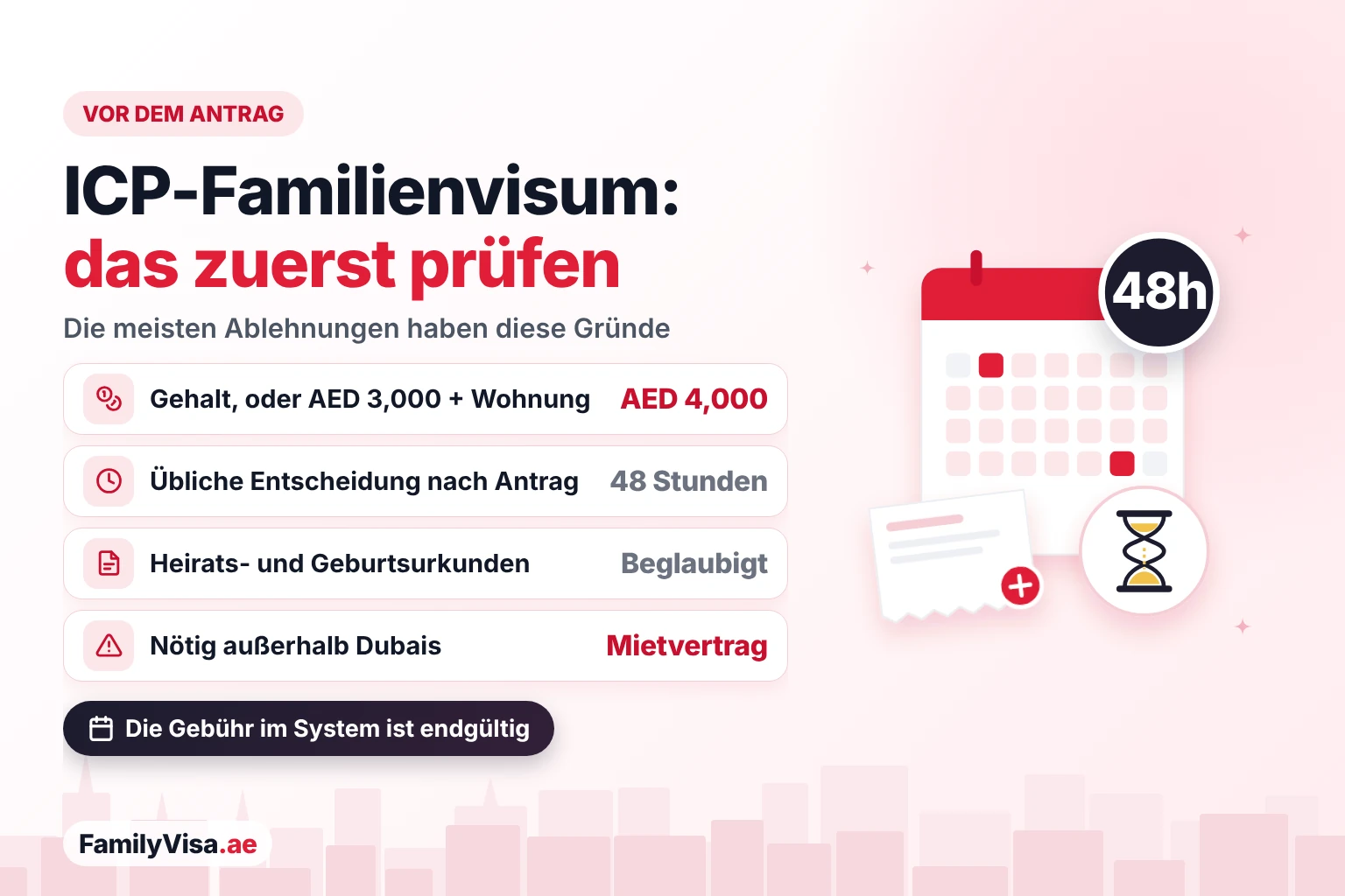 Checkliste vor dem Antrag auf das ICP-Familienvisum Was Sie vor dem Antrag auf ein Familienvisum bei ICP Smart Services prüfen sollten: AED 4,000 Gehalt oder AED 3,000 mit Wohnung, beglaubigte Heirats- und Geburtsurkunden, ein Mietvertrag außerhalb Dubais und eine Entscheidung in ca. 48 Stunden