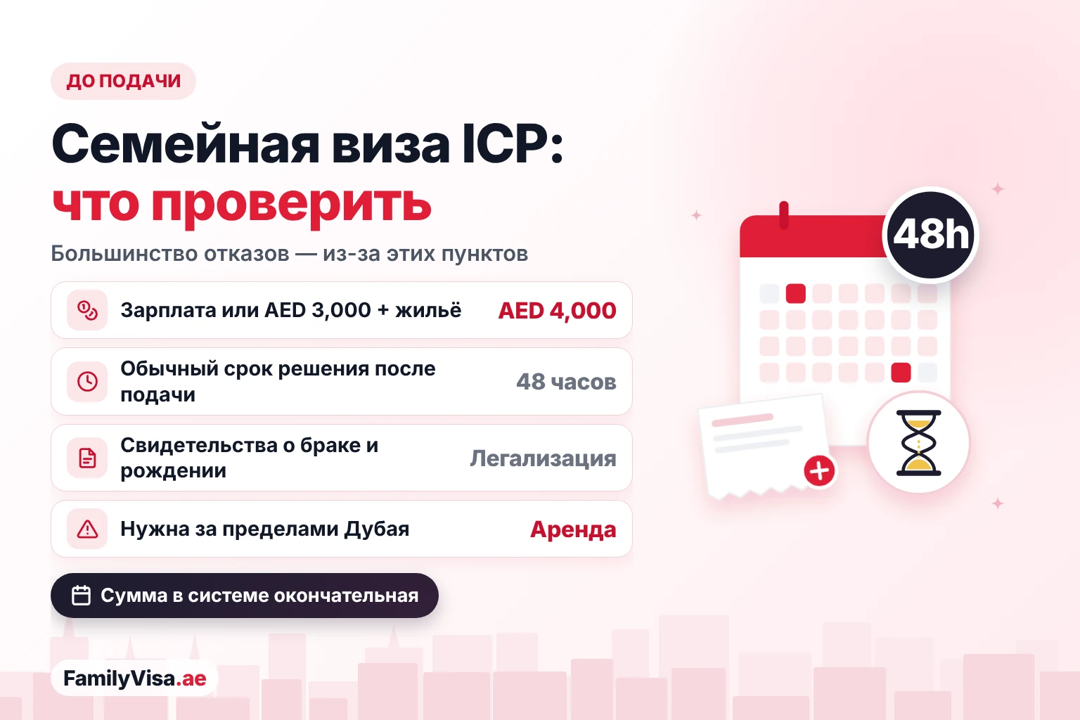 Чек-лист перед подачей на семейную визу через ICP Что проверить перед подачей на семейную визу через ICP Smart Services: зарплата AED 4,000 или AED 3,000 с жильём, легализованные свидетельства о браке и рождении, договор аренды за пределами Дубая и решение примерно за 48 часов