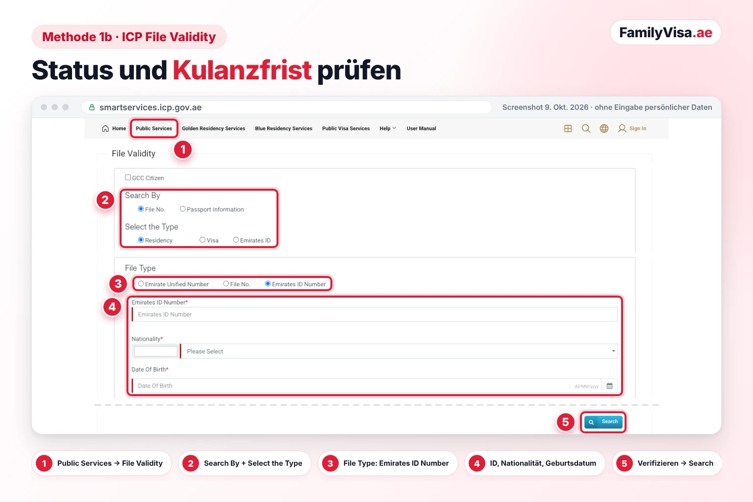 ICP File Validity: Status und Kulanzfrist prüfen Screenshot des Formulars File Validity bei ICP Smart Services mit dem Typ Residency, Visa oder Emirates ID, dem File Type Emirates ID Number und Feldern für Nationalität und Geburtsdatum, um Gültigkeit und Kulanzfrist zu prüfen