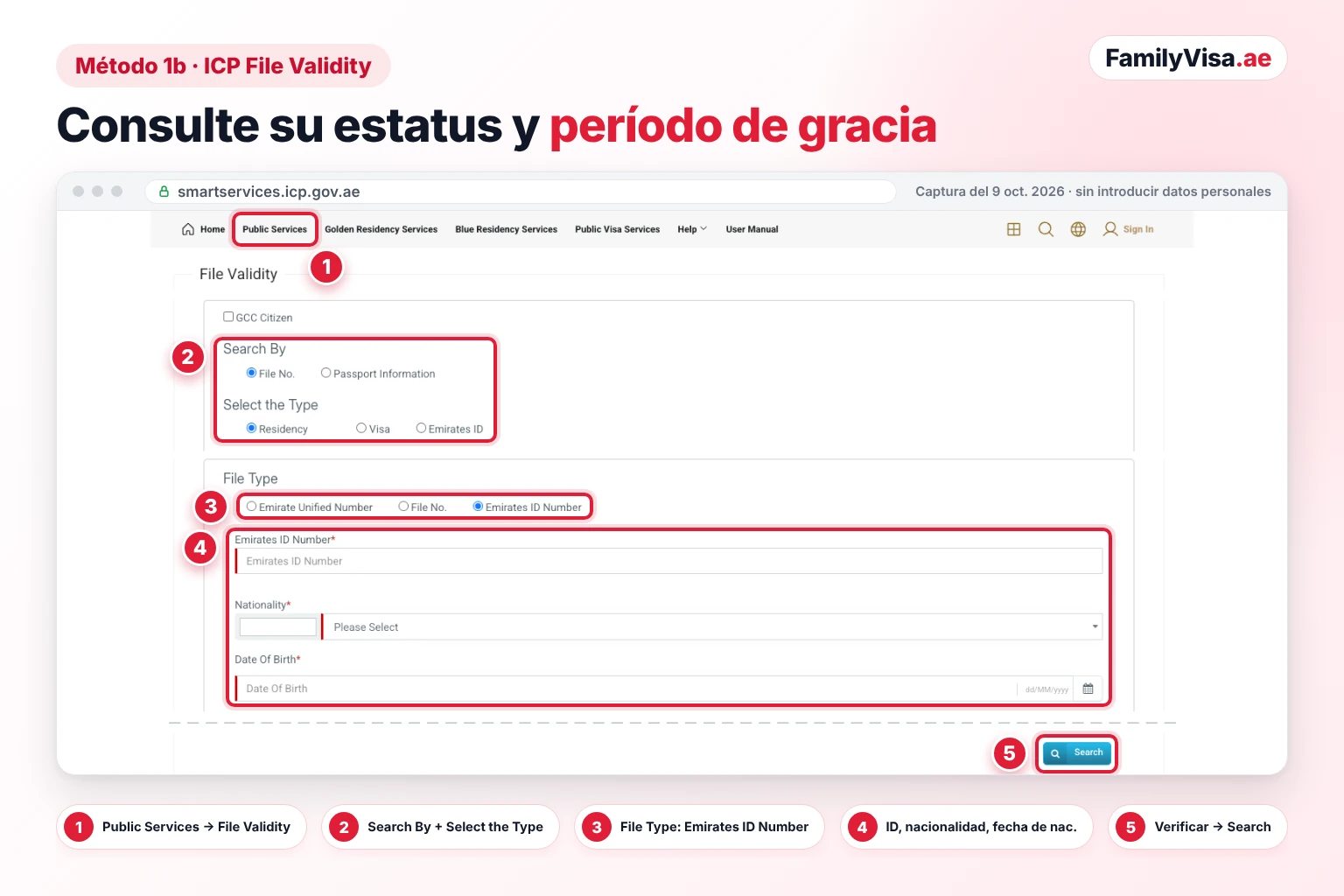 File Validity de la ICP: consulte su estatus y período de gracia Captura de pantalla del formulario File Validity de ICP Smart Services con el tipo Residency, Visa o Emirates ID, el tipo de expediente Emirates ID Number y los campos de nacionalidad y fecha de nacimiento, que sirve para consultar la validez y el período de gracia