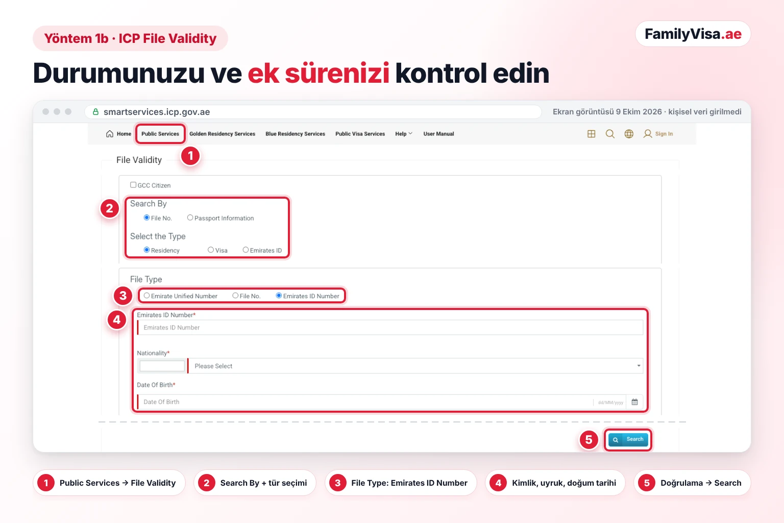 Emirates ID ceza sorgulamasından önce geçerliliği ve ek süreyi kontrol etmek için kullanılan ICP Smart Services File Validity formunun ekran görüntüsü: dosya tipi olarak Residency, Visa veya Emirates ID, File Type alanında Emirates ID Number ve uyruk ile doğum tarihi alanları