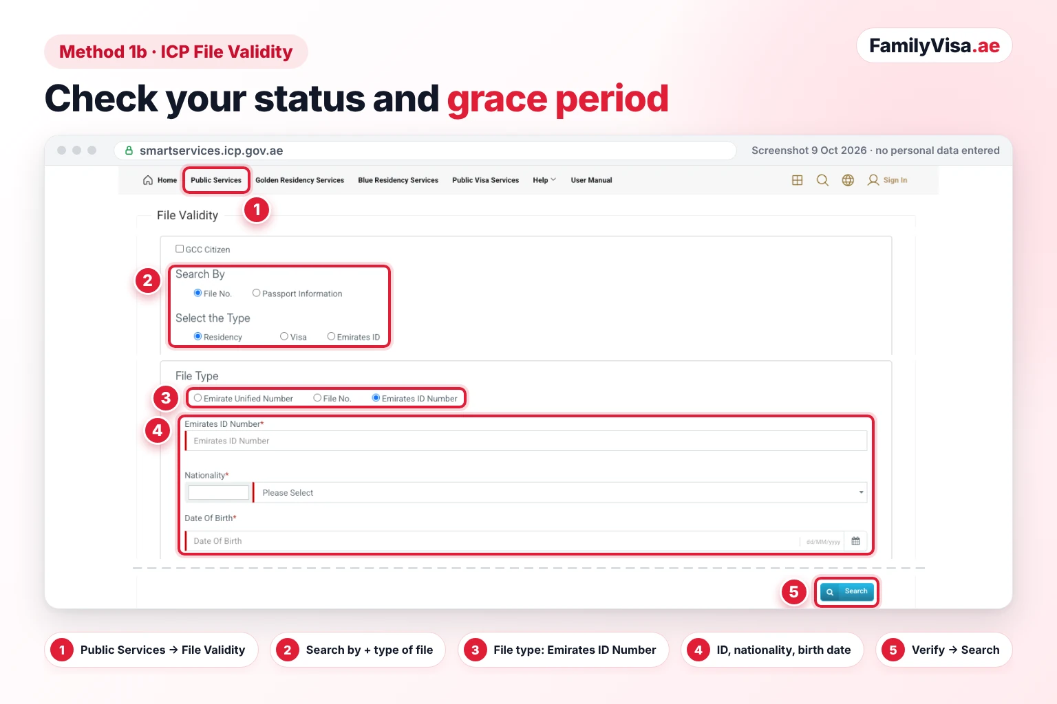 Screenshot of the ICP Smart Services File Validity form with type of file Residency, Visa or Emirates ID, file type Emirates ID Number and fields for nationality and date of birth, used to check validity and grace period