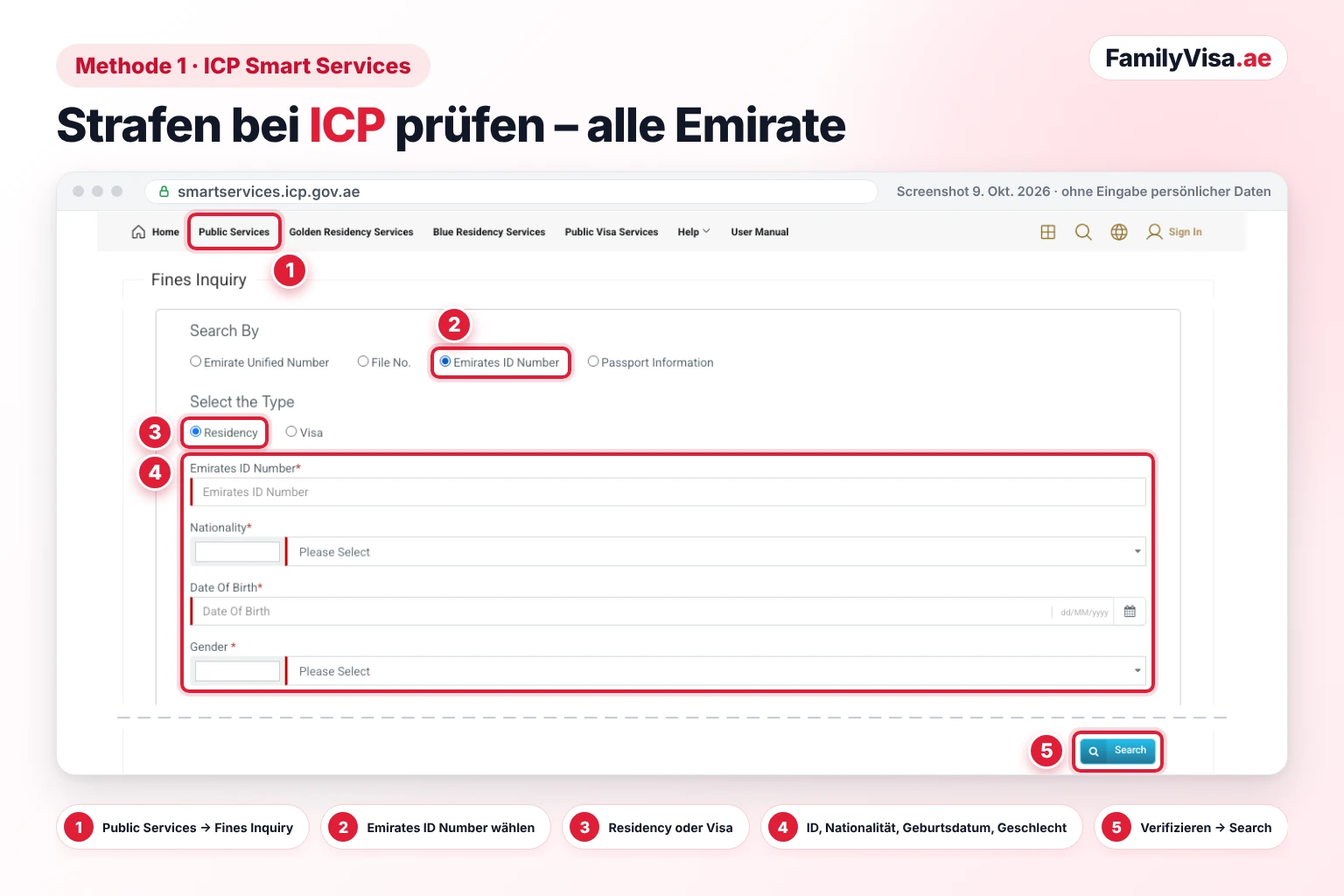 ICP Fines Inquiry: Strafen mit Ihrer Emirates ID prüfen Screenshot des Formulars Fines Inquiry bei ICP Smart Services zum Prüfen der Emirates-ID-Strafe: Search By auf Emirates ID Number, Typ Residency, Felder für Emirates-ID-Nummer, Nationalität, Geburtsdatum und Geschlecht, darunter die Schaltfläche Search