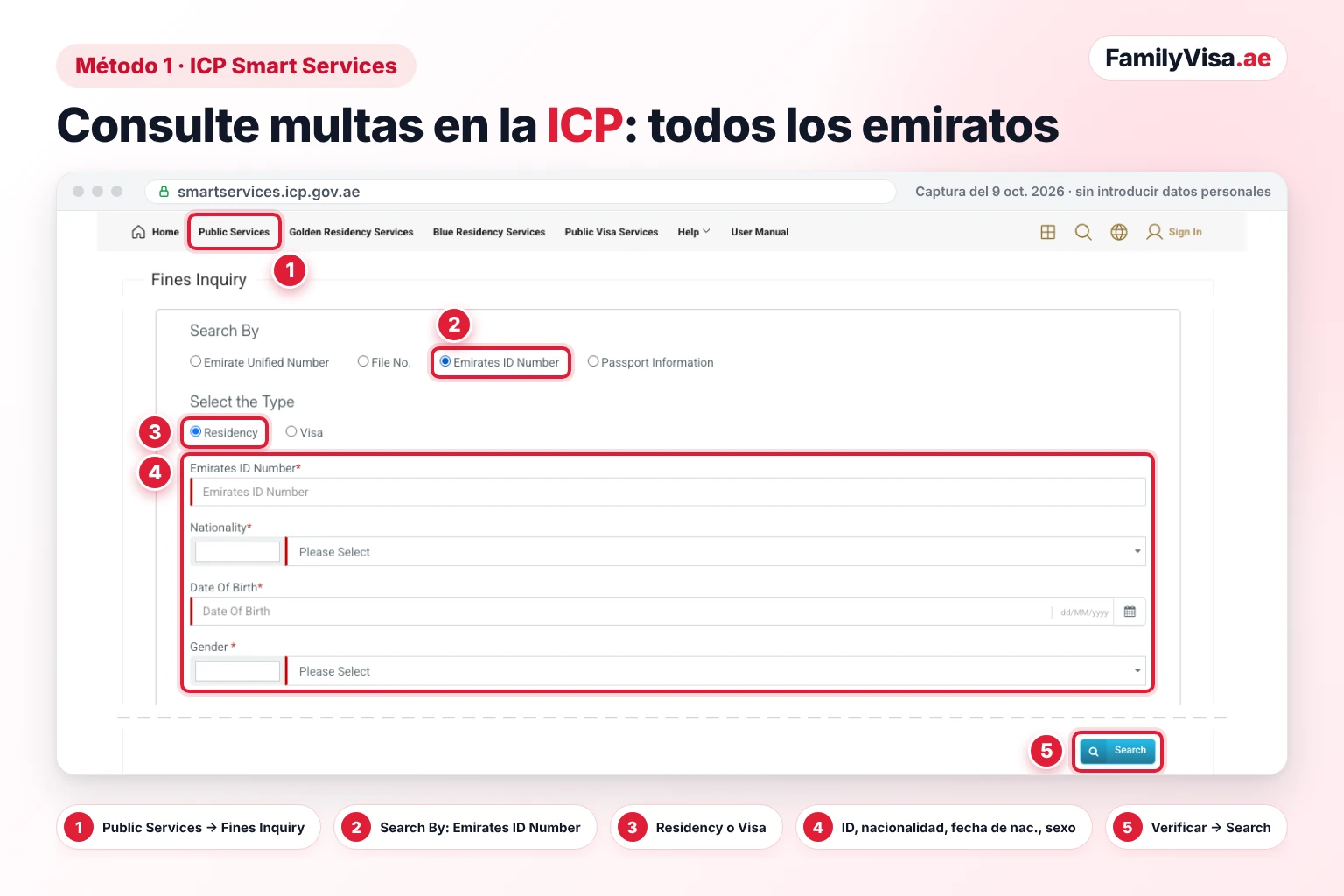 Fines Inquiry de la ICP: consulte sus multas con el Emirates ID Captura de pantalla del formulario Fines Inquiry de ICP Smart Services para consultar multas con el Emirates ID: Search By en Emirates ID Number, tipo Residency y campos de número de Emirates ID, nacionalidad, fecha de nacimiento y sexo, seguidos del botón Search