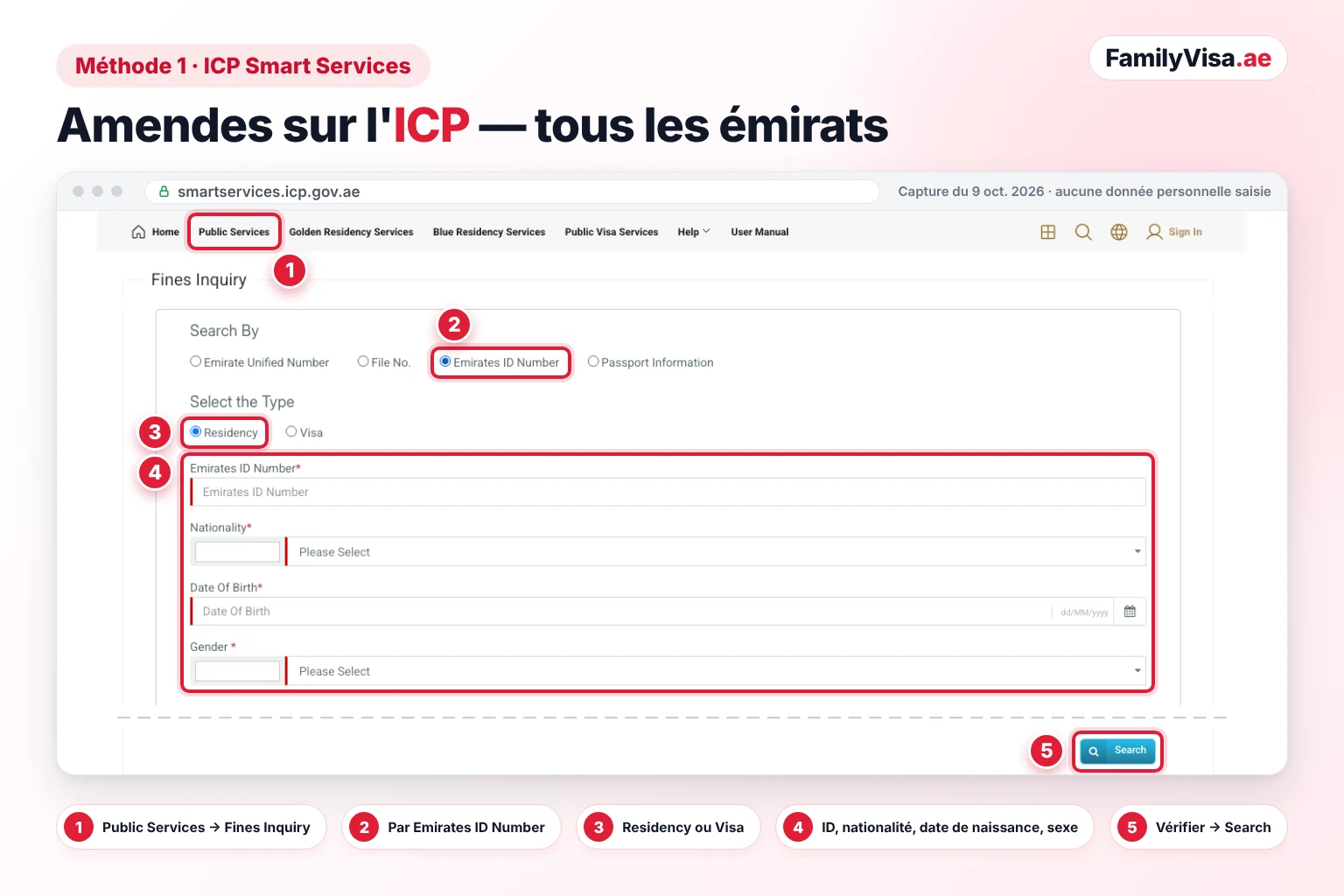 Capture d'écran du formulaire Fines Inquiry d'ICP Smart Services pour vérifier les amendes de l'Emirates ID : Search By réglé sur Emirates ID Number, type Residency, champs du numéro d'Emirates ID, de la nationalité, de la date de naissance et du sexe, puis bouton Search