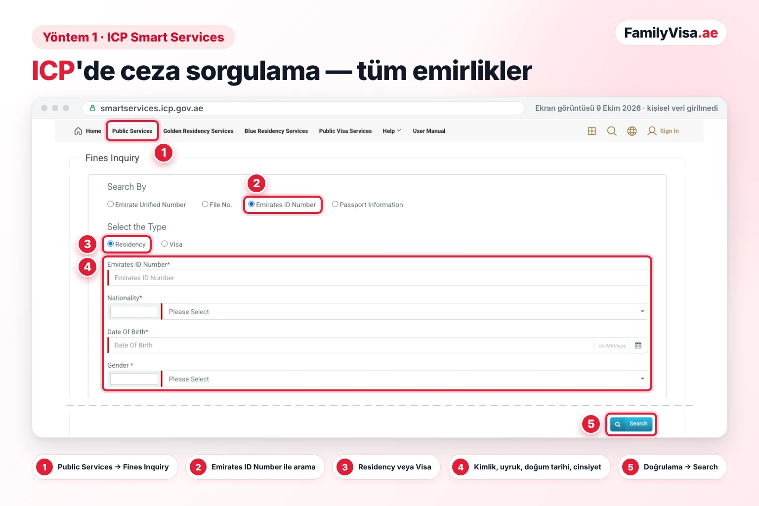 Emirates ID ceza sorgulama için ICP Smart Services Fines Inquiry formunun ekran görüntüsü: Search By alanında Emirates ID Number, tür olarak Residency seçili; Emirates ID numarası, uyruk, doğum tarihi ve cinsiyet alanları ile ardından gelen Search düğmesi