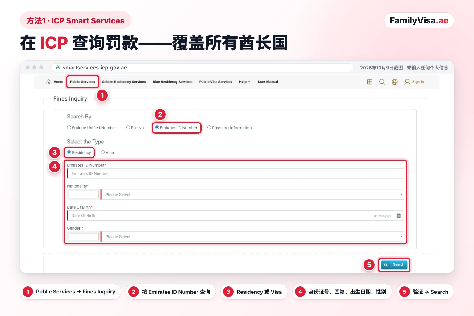 ICP Fines Inquiry:凭阿联酋身份证查询罚款 ICP Smart Services 的 Fines Inquiry(罚款查询)表单截图,用于阿联酋身份证罚款查询:Search By 设为 Emirates ID Number,类型为 Residency,下方是阿联酋身份证号码、国籍、出生日期和性别字段,以及 Search 按钮