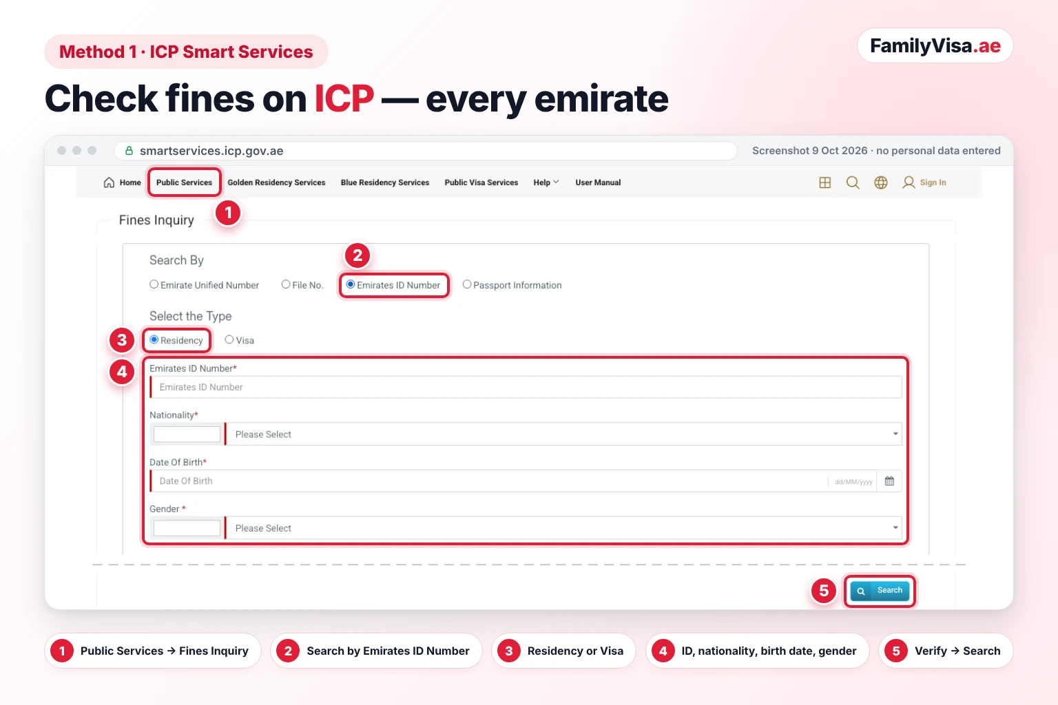 Screenshot of the ICP Smart Services Fines Inquiry form with Search By set to Emirates ID Number, type Residency, and fields for the Emirates ID number, nationality, date of birth and gender, followed by the Search button