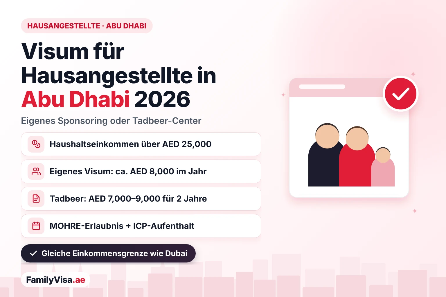 Visum für Hausangestellte in Abu Dhabi: Eigenes Sponsoring erfordert ein Haushaltseinkommen über AED 25,000 und kostet etwa AED 8,000 pro Jahr, oder ein Tadbeer-Center sponsert die Haushaltshilfe für AED 7,000–9,000 für 2 Jahre