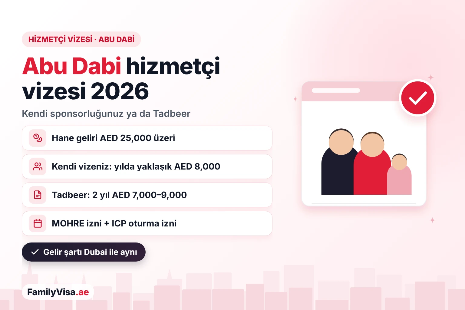 Abu Dabi hizmetçi vizesi: kendi sponsorluğunuz için AED 25,000 üzeri hane geliri gerekir ve yılda yaklaşık AED 8,000 tutar; alternatif olarak bir Tadbeer merkezi hizmetçiye 2 yıl için AED 7,000–9,000 karşılığında sponsor olur