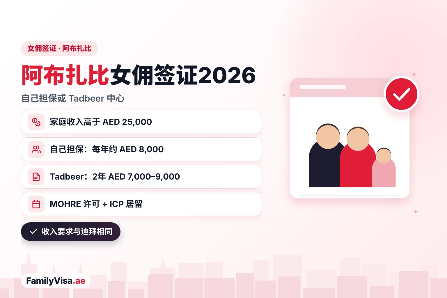 阿布扎比女佣签证:自己担保需家庭收入高于 AED 25,000,每年费用约 AED 8,000;或由 Tadbeer 中心担保女佣,2年 AED 7,000–9,000