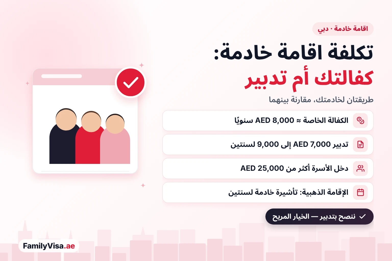 تكلفة اقامة خادمة في دبي: الكفالة الخاصة تكلّف نحو AED 8,000 سنويًا وتتطلب دخلًا للأسرة يزيد على AED 25,000، بينما تكلّف تأشيرة مركز تدبير لمدة سنتين من AED 7,000 إلى 9,000 مع رسوم شهرية، وتأشيرة لمدة سنتين لحاملي الإقامة الذهبية