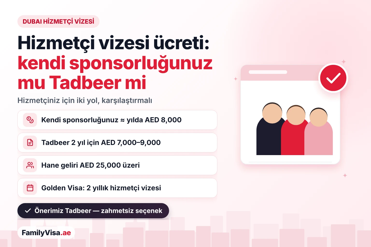 Dubai hizmetçi vizesi ücreti: kendi sponsorluğunuz yılda yaklaşık AED 8,000 tutar ve AED 25,000 üzerinde hane geliri gerektirir; 2 yıllık Tadbeer merkezi vizesi ise AED 7,000 ile 9,000 arası artı aylık ücret tutar; Golden Visa sahipleri için 2 yıllık vize vardır