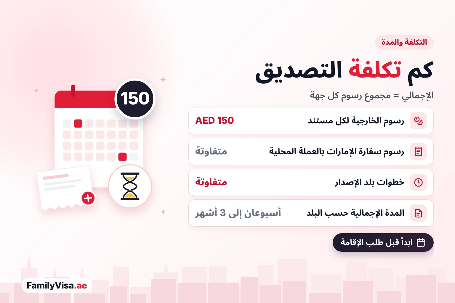 رسوم تصديق عقد الزواج ومدته رسوم تصديق عقد الزواج ومدته: AED 150 رسوم وزارة الخارجية لكل مستند، ورسوم سفارة الإمارات بالعملة المحلية، ورسوم بلد الإصدار، ونحو أسبوعين إلى 3 أشهر إجمالًا حسب البلد