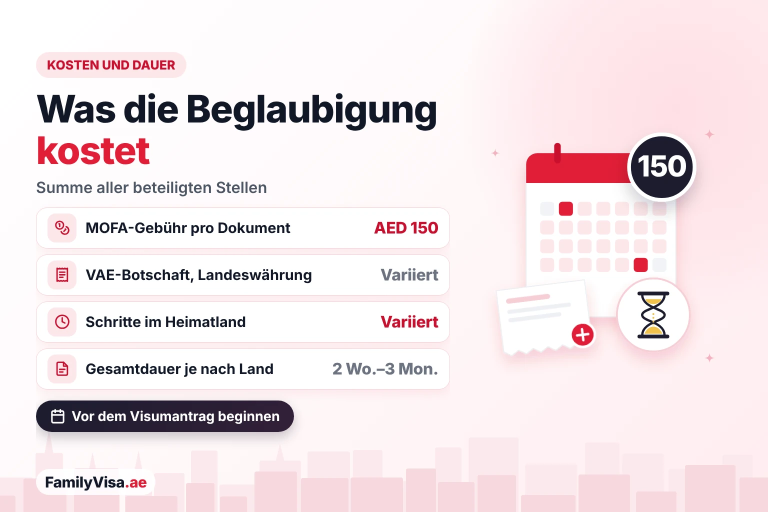 Kosten und Dauer der Beglaubigung einer Heiratsurkunde: AED&nbsp;150 MOFA-Gebühr pro Dokument, eine Gebühr der VAE-Botschaft in Landeswährung, Gebühren im Heimatland und insgesamt etwa 2 Wochen bis 3 Monate je nach Land