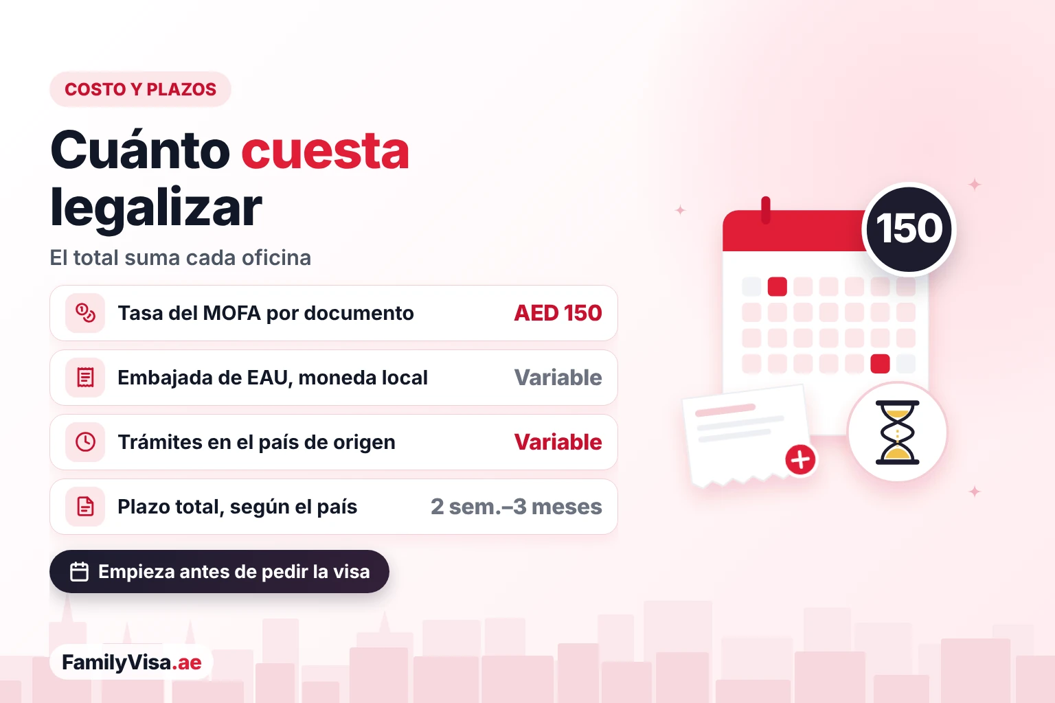 Costo y plazo de la legalización del certificado de matrimonio Costo y plazo de la legalización del certificado de matrimonio: AED 150 de tasa del MOFA por documento, una tasa de la Embajada de EAU en moneda local, tasas del país de origen y unas 2 semanas a 3 meses en total según el país
