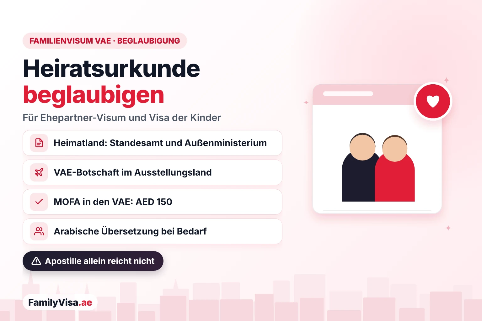 Heiratsurkunde beglaubigen für das Familienvisum in den VAE: Beglaubigung im Heimatland, durch die VAE-Botschaft im Ausstellungsland und durch das MOFA in den VAE für AED 150, bei Bedarf mit arabischer Übersetzung