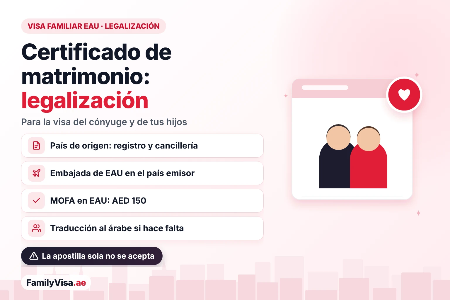 Legalización del certificado de matrimonio para la visa familiar en EAU: legalización en el país de origen, en la Embajada de EAU del país emisor y en el MOFA en EAU por AED 150, con traducción al árabe si hace falta