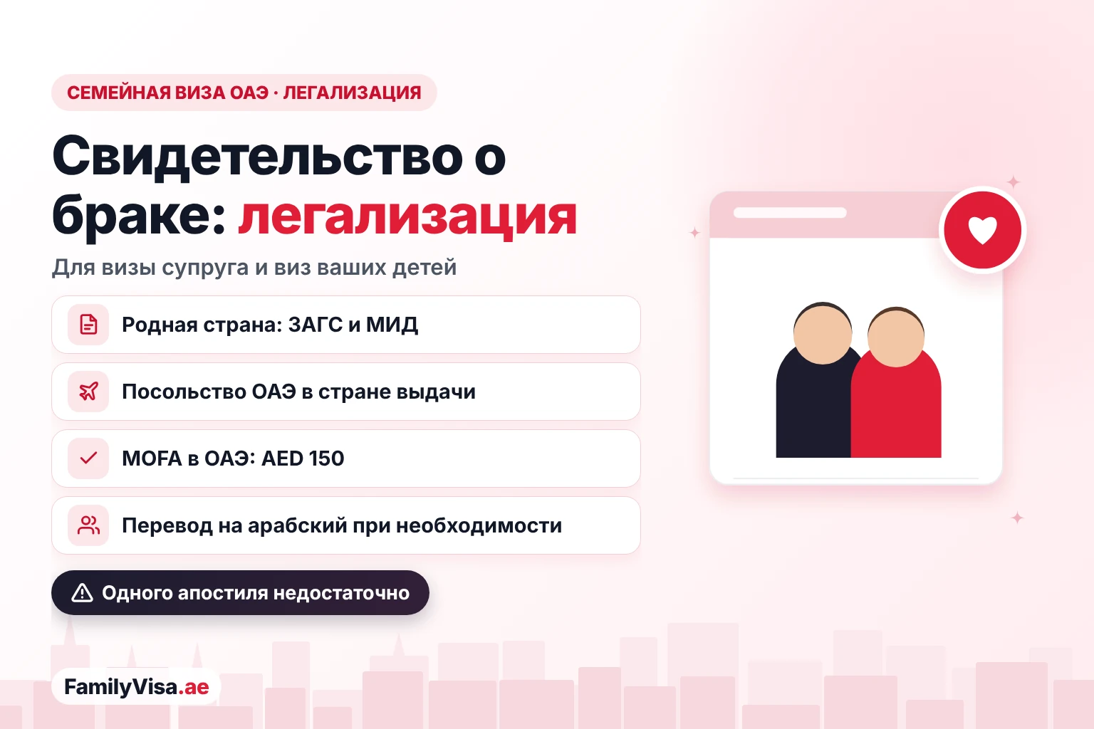 Легализация свидетельства о браке для семейной визы ОАЭ: заверение в родной стране, в посольстве ОАЭ в стране выдачи и в MOFA в ОАЭ за AED 150, с переводом на арабский при необходимости