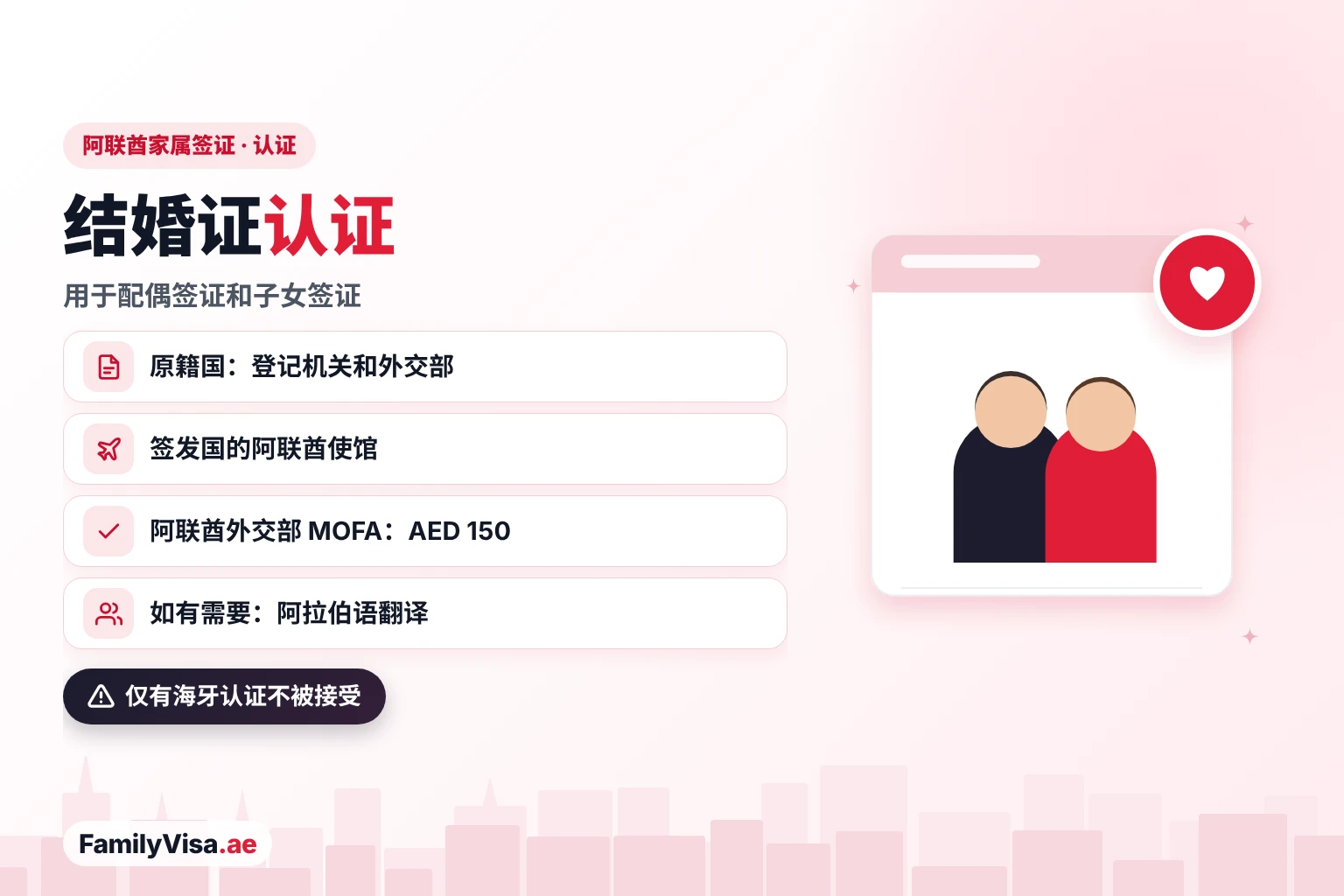 阿联酋家属签证结婚证认证:在原籍国认证、由签发国的阿联酋使馆认证、再由阿联酋外交部 MOFA 认证(AED 150),如有需要附阿拉伯语翻译