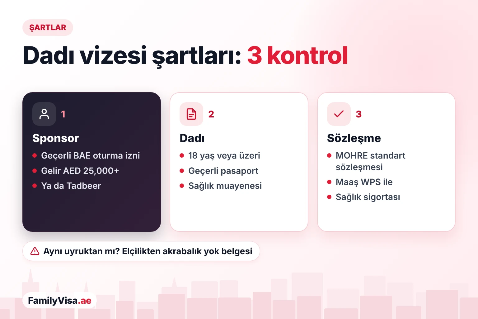 Dubai'de dadı vizesi şartları: sponsorun geçerli oturma izni ve AED&nbsp;25,000 üzeri hane geliri olmalı ya da Tadbeer'i kullanmalı; dadı 18 yaş veya üzeri ve sağlıklı olmalı, MOHRE sözleşmesi ve sağlık sigortası gerekir