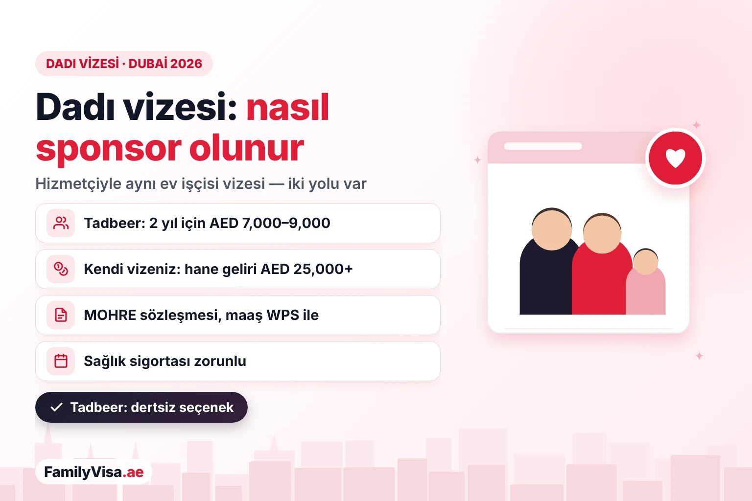 Dubai'de dadı vizesi: dadıya hizmetçiyle aynı ev işçisi vizesiyle, Tadbeer üzerinden 2 yıl için AED 7,000–9,000 karşılığında ya da AED 25,000 üzeri hane geliriyle kendi vizeniz üzerinden sponsor olunur