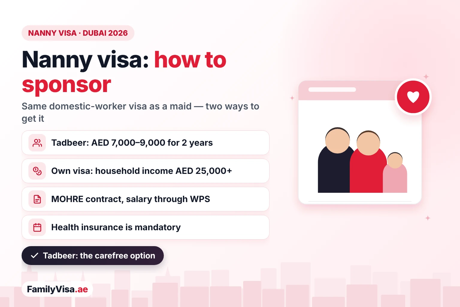 Nanny visa in Dubai: a nanny is sponsored on the same domestic-worker visa as a maid, through Tadbeer for AED 7,000–9,000 for 2 years or on your own visa with a household income above AED 25,000