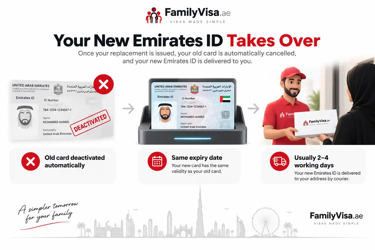 بعد بدل فاقد الهوية الإماراتية تحل البطاقة الجديدة محل القديمة — تُوقَف البطاقة القديمة تلقائيًا، ويحتفظ البدل بنفس تاريخ الانتهاء، وتُسلَّم الهوية الإماراتية الجديدة عبر شركة التوصيل خلال 2 إلى 4 أيام عمل