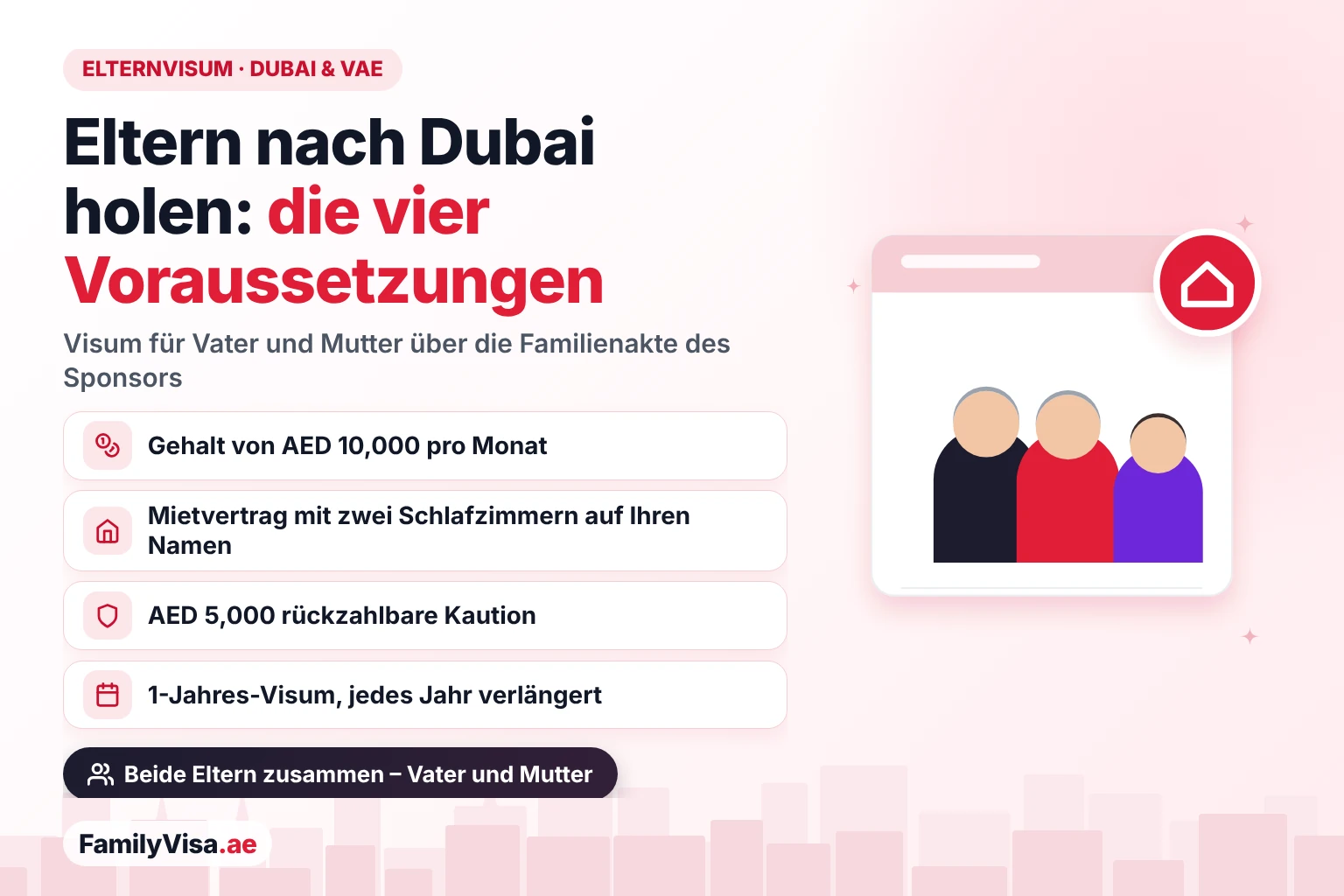 Elternvisum in Dubai und den VAE: die vier Voraussetzungen, um Vater und Mutter zu sponsern – ein Gehalt von AED 10,000, ein Mietvertrag mit zwei Schlafzimmern, eine rückzahlbare Kaution von AED 5,000 und ein Visum für ein Jahr, das jedes Jahr verlängert wird