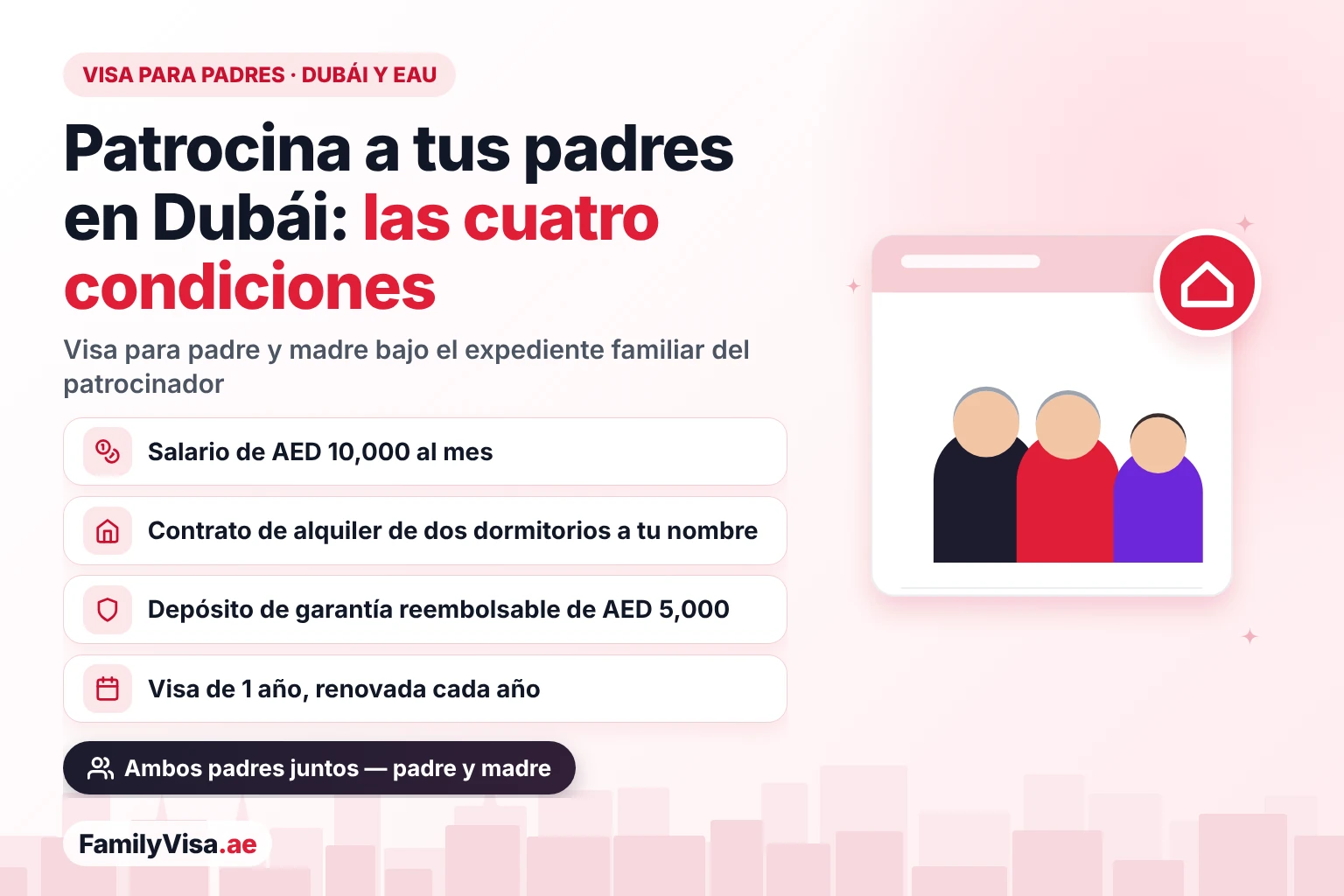 Visa para padres en Dubái y los EAU: las cuatro condiciones para patrocinar a padre y madre — un salario de AED 10,000, un contrato de alquiler de dos dormitorios, un depósito de garantía reembolsable de AED 5,000 y una visa de un año que se renueva cada año