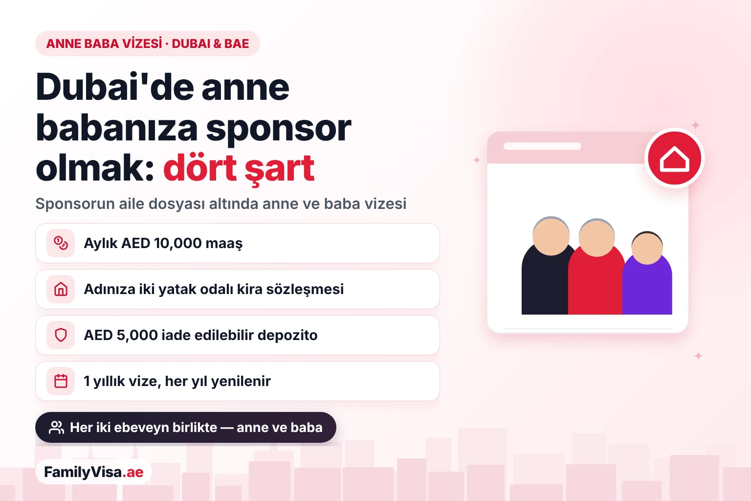 Dubai ve BAE'de anne baba vizesi şartları Dubai ve BAE'de anne baba vizesi: anne ve babaya sponsor olmanın dört şartı — AED 10,000 maaş, iki yatak odalı kira sözleşmesi, AED 5,000 iade edilebilir güvence depozitosu ve her yıl yenilenen bir yıllık vize
