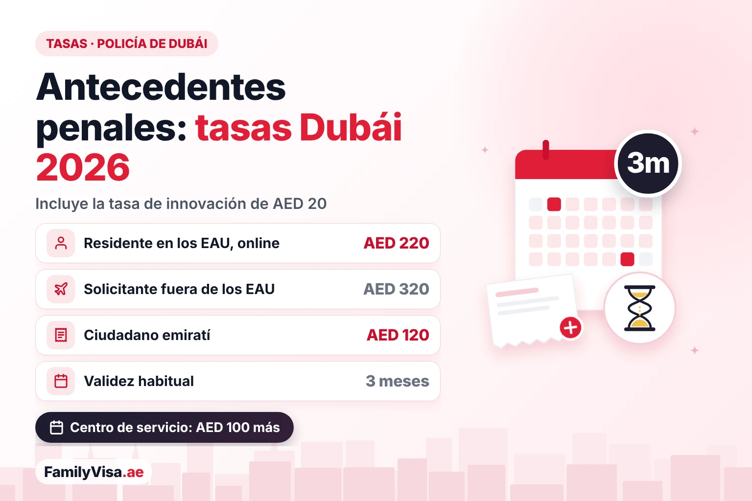 Tasas y validez del certificado de antecedentes penales en Dubái Tasas del certificado de antecedentes penales de la Policía de Dubái en 2026: AED 220 para residentes en los EAU, AED 320 para solicitantes fuera de los EAU, AED 120 para ciudadanos emiratíes, AED 100 adicionales en un centro de servicio y unos tres meses de validez