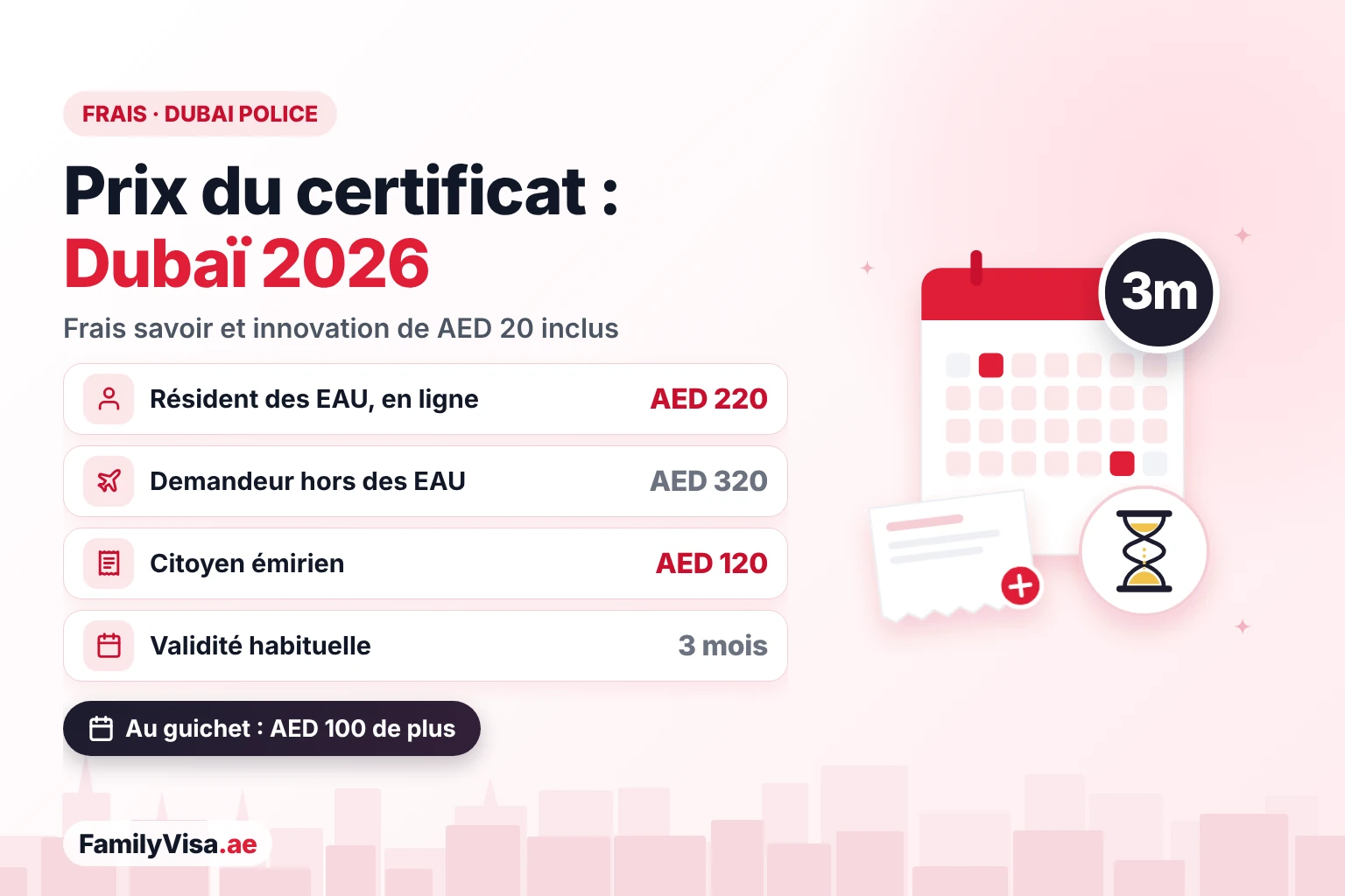 Prix et validité du certificat de bonne conduite à Dubaï Prix du certificat de bonne conduite de la Dubai Police en 2026 : AED 220 pour les résidents des EAU, AED 320 pour les demandeurs hors des EAU, AED 120 pour les citoyens émiriens, AED 100 de plus au guichet d’un centre et une validité d’environ trois mois