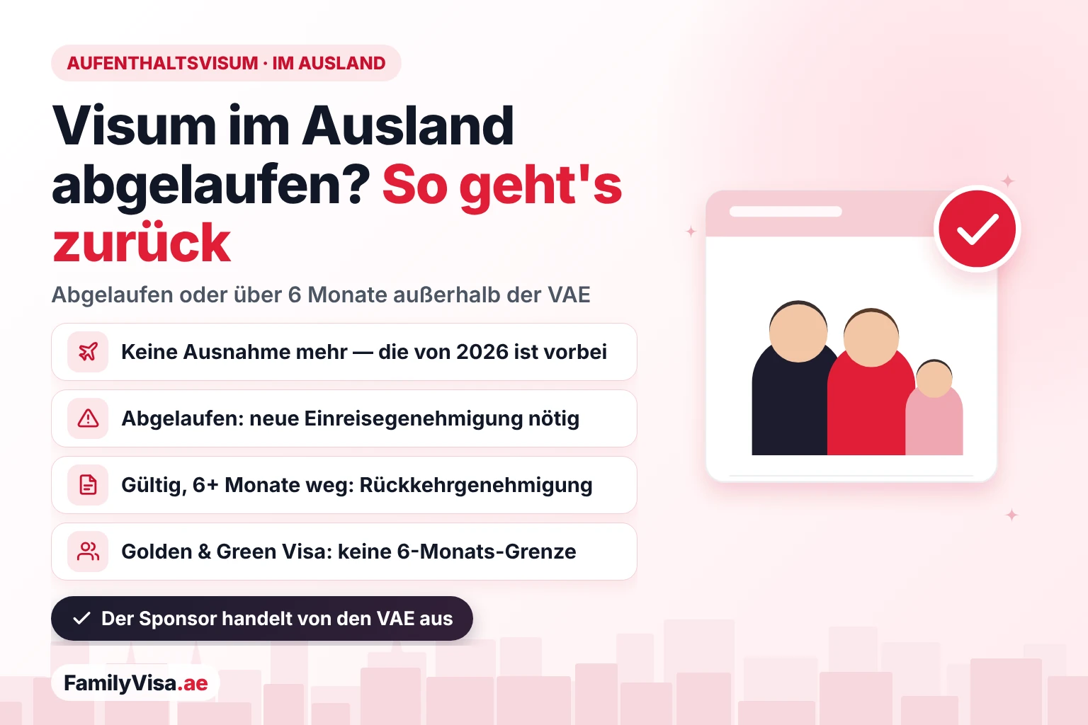 Aufenthaltsvisum außerhalb der VAE abgelaufen Aufenthaltsvisum VAE im Ausland abgelaufen: Ein abgelaufenes Visum erfordert eine neue Einreisegenehmigung durch den Sponsor, ein gültiges Visum nach mehr als sechs Monaten im Ausland eine Rückkehrgenehmigung, und für Golden- und Green-Visa-Inhaber gilt keine Sechs-Monats-Grenze