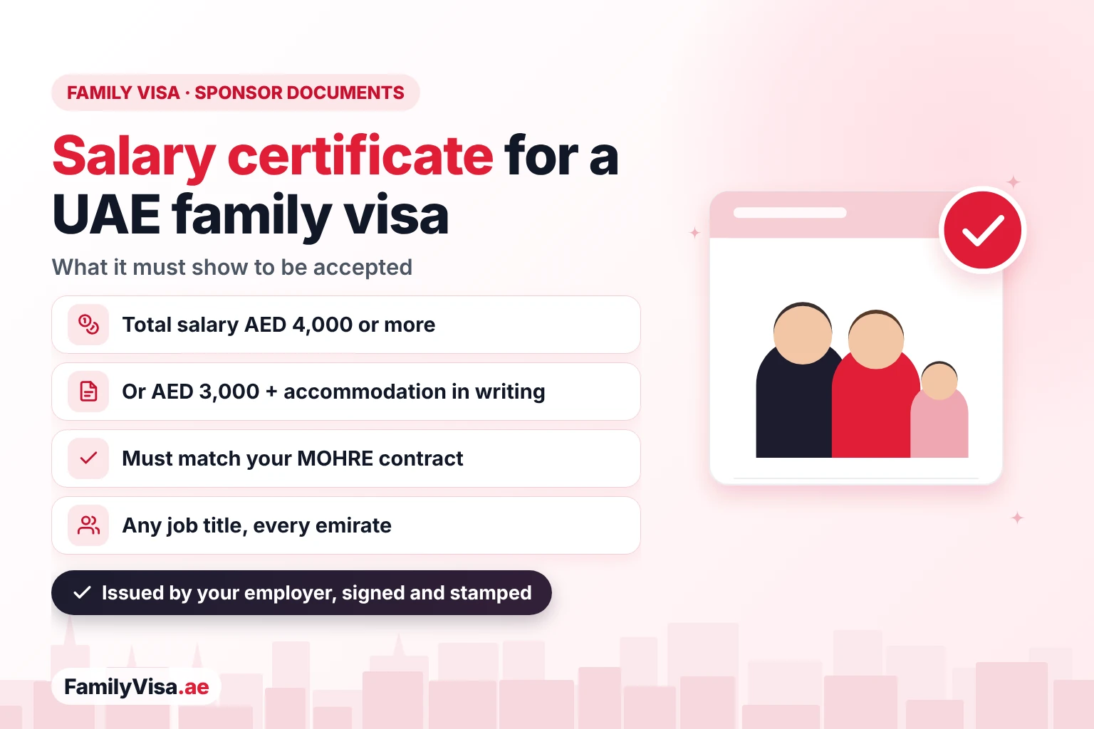 Salary certificate for a UAE family visa: a total salary of AED 4,000, or AED 3,000 with accommodation written in the certificate, matching the sponsor's MOHRE contract, for any job title