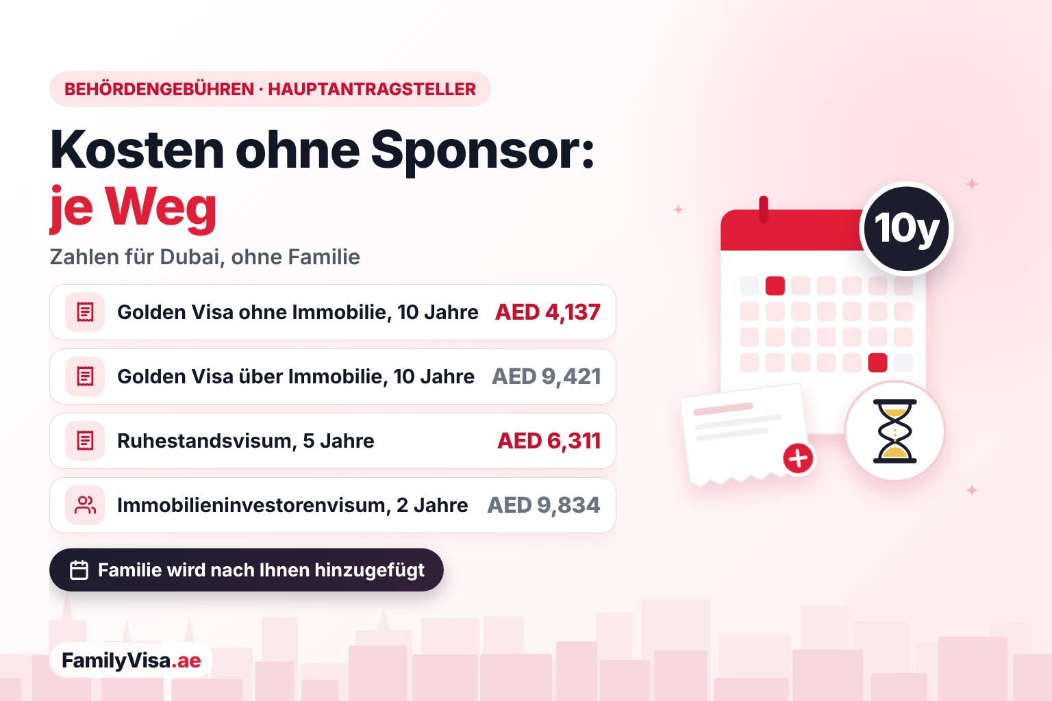 Kosten für ein Visum ohne Sponsor je Weg Kosten für ein Visum ohne Sponsor je Weg für den Hauptantragsteller in Dubai: Golden Visa AED 4,137 oder AED 9,421 über Immobilie, Ruhestandsvisum AED 6,311 und 2-Jahres-Immobilieninvestorenvisum AED 9,834 an Behördengebühren