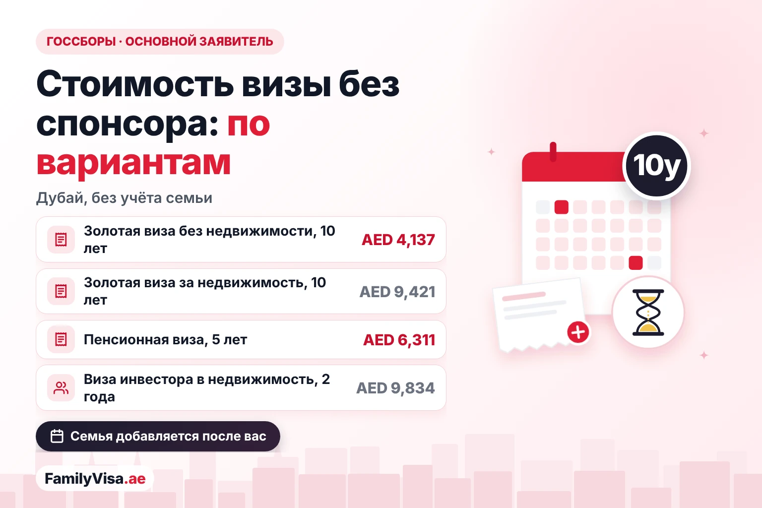 Стоимость визы без спонсора по вариантам Стоимость визы без спонсора по вариантам для основного заявителя в Дубае: Золотая виза AED 4,137 или AED 9,421 за недвижимость, пенсионная виза AED 6,311 и 2-летняя виза инвестора в недвижимость AED 9,834 — государственные сборы