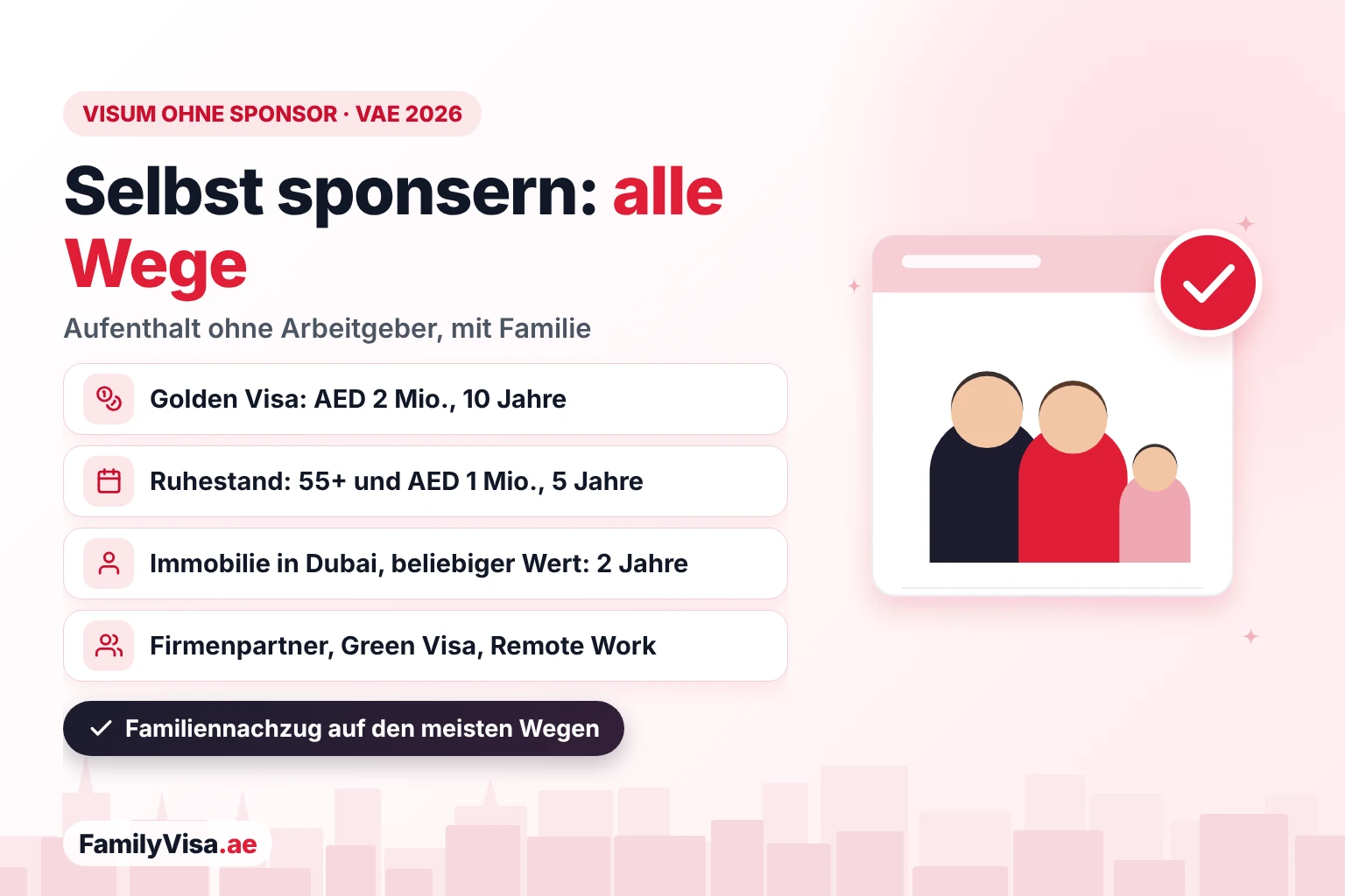 Visum ohne Sponsor in den VAE: alle Wege Visum ohne Sponsor in den VAE: alle Wege zum Selbst-Sponsoring ohne Arbeitgeber – 10-Jahres-Golden-Visa, 5-Jahres-Ruhestandsvisum, 2-Jahres-Immobilieninvestorenvisum Dubai, Firmenpartner, Green Visa und Remote-Work-Visum