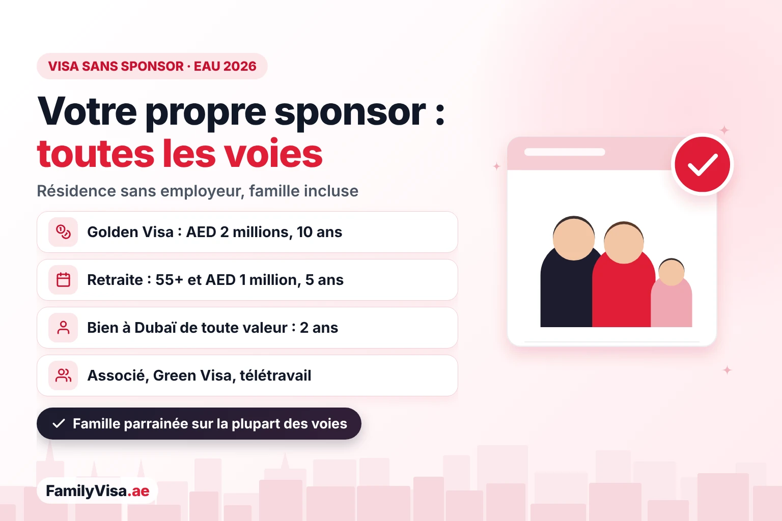 Visa sans sponsor aux EAU : toutes les voies Visa sans sponsor aux EAU : toutes les voies pour se parrainer soi-même sans employeur — Golden Visa de 10 ans, visa retraite de 5 ans, visa investisseur immobilier de 2 ans à Dubaï, visa d'associé, Green Visa et visa de télétravail