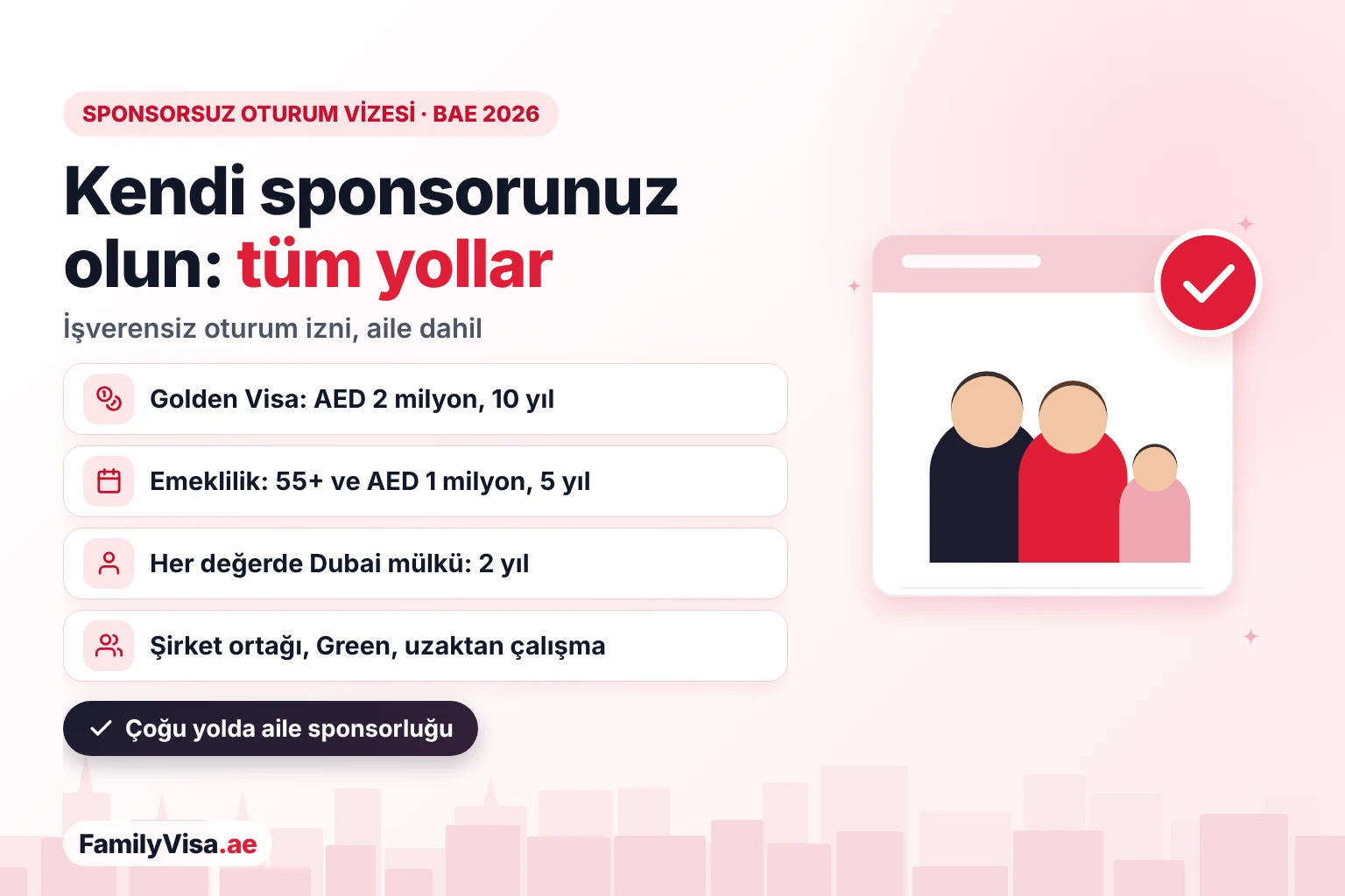BAE'de sponsorsuz oturum vizesi: tüm yollar BAE'de sponsorsuz oturum vizesi: işveren olmadan kendi sponsorunuz olmanın tüm yolları — 10 yıllık Golden Visa, 5 yıllık emeklilik vizesi, 2 yıllık Dubai mülk yatırımcısı vizesi, şirket ortağı, Green ve uzaktan çalışma vizeleri