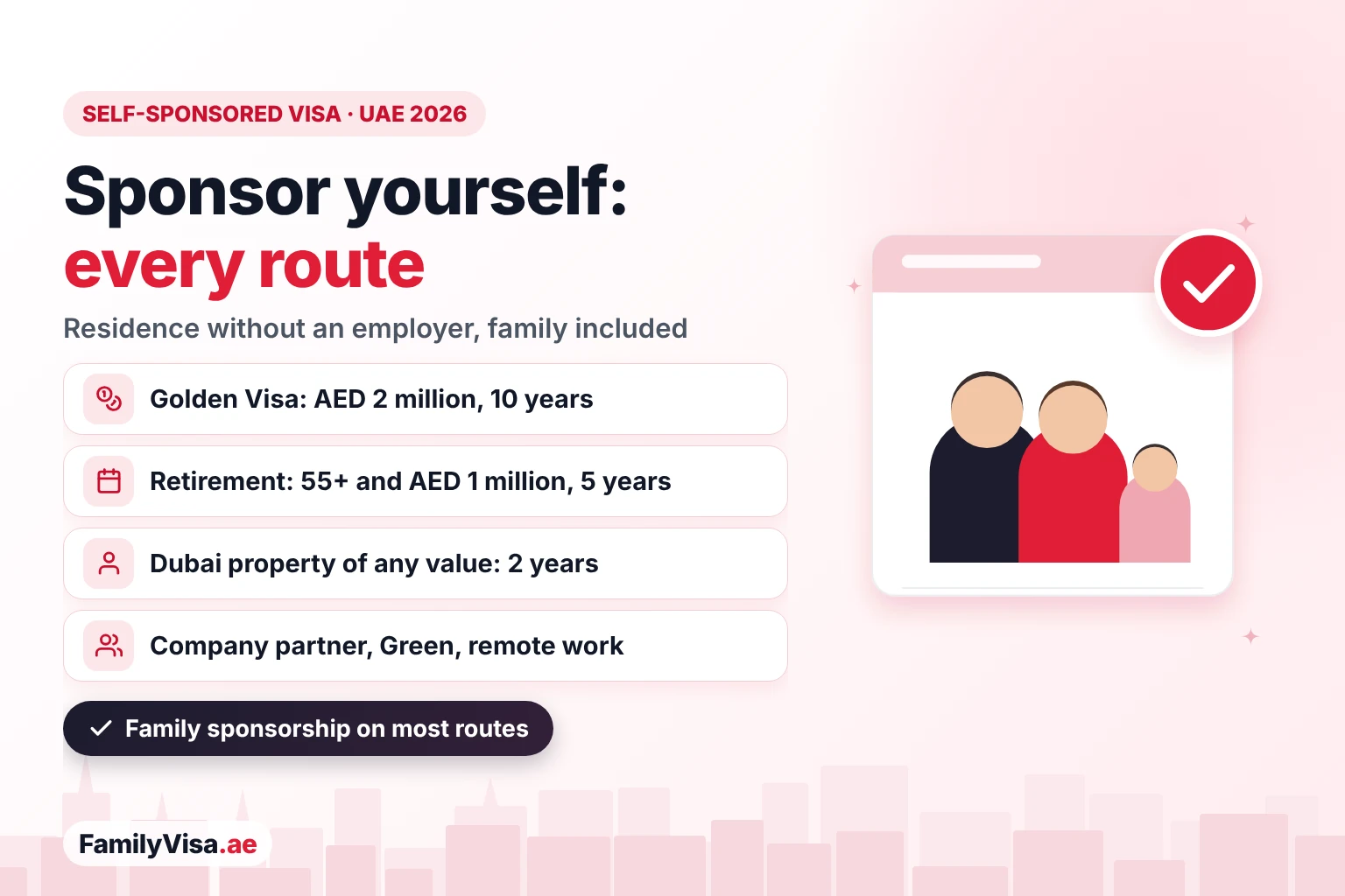 Self-sponsored visa in the UAE: every route to sponsor yourself without an employer — the 10-year Golden Visa, the 5-year retirement visa, the 2-year Dubai property investor visa, company partner, Green and remote work visas
