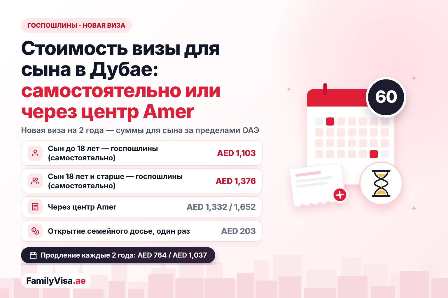 Стоимость визы для сына в Дубае: самостоятельно или через центр Amer Сравнение стоимости визы для сына в Дубае: AED 1,103 госпошлин за сына до 18 лет и AED 1,376 за сына 18 лет и старше при подаче из-за пределов ОАЭ, AED 1,332 и AED 1,652 через центр Amer, плюс AED 203 за открытие семейного досье