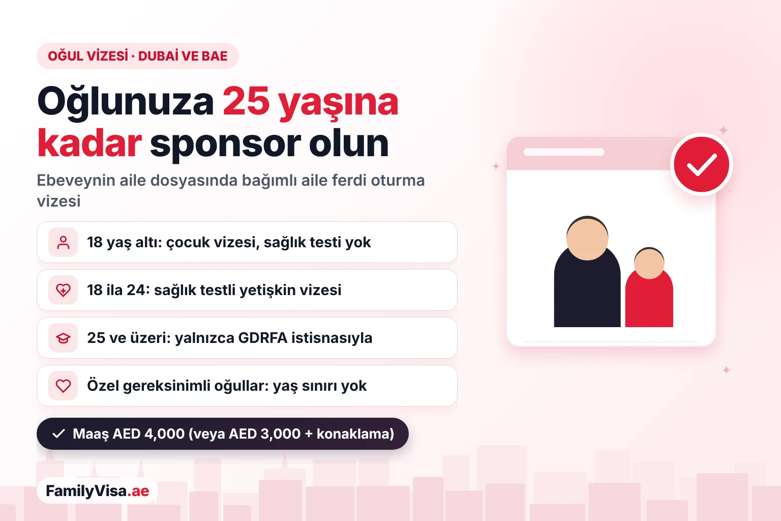 Dubai ve BAE'de oğul vizesi yaş sınırı Dubai ve BAE'de oğul vizesi: bir anne veya baba oğluna 25 yaşına kadar sponsor olabilir — 18 yaş altında sağlık testi olmadan çocuk vizesi, 18 yaşından itibaren sağlık testiyle yetişkin vizesi, 25 yaş sonrası GDRFA istisnası, özel gereksinimli oğullar için yaş sınırı yok