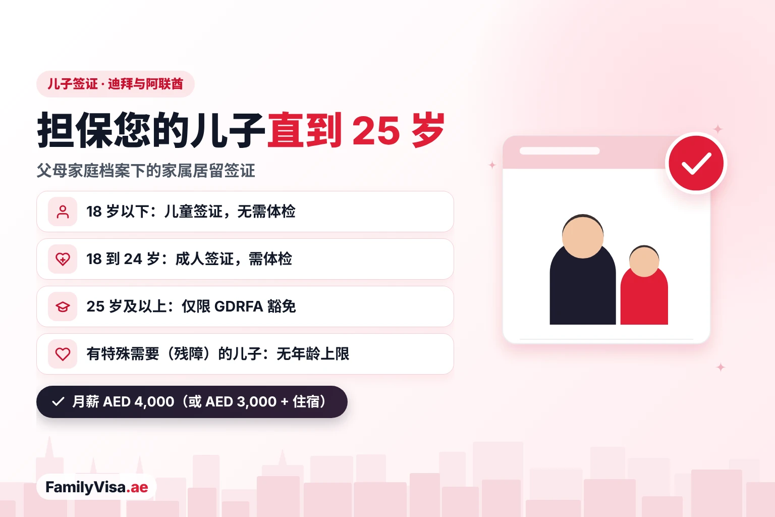 迪拜及阿联酋儿子签证年龄上限 迪拜及阿联酋儿子签证:父母可担保儿子直到 25 岁——18 岁以下为无需体检的儿童签证,18 岁起为需体检的成人签证,25 岁以上需 GDRFA 豁免,有特殊需要(残障)的儿子无年龄上限